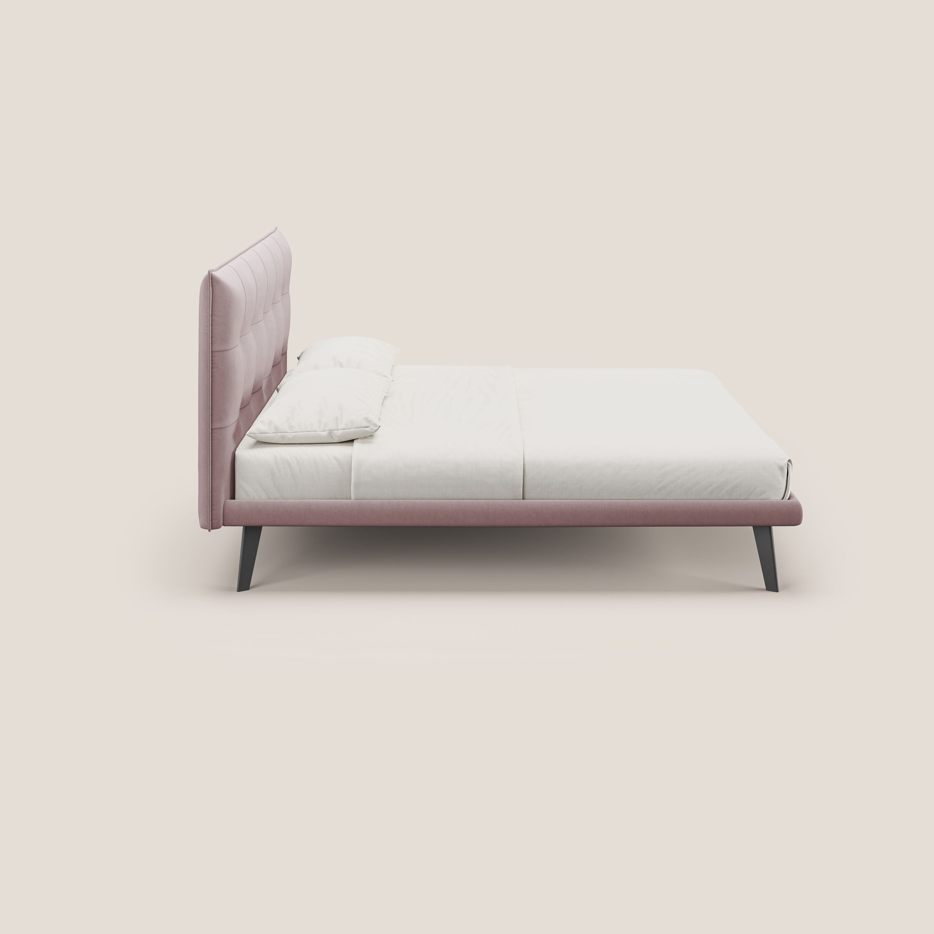 Brigitte letto con testata trapuntata piedi alti in mogano e tessuto impermeabile T09 rosa - divani.store