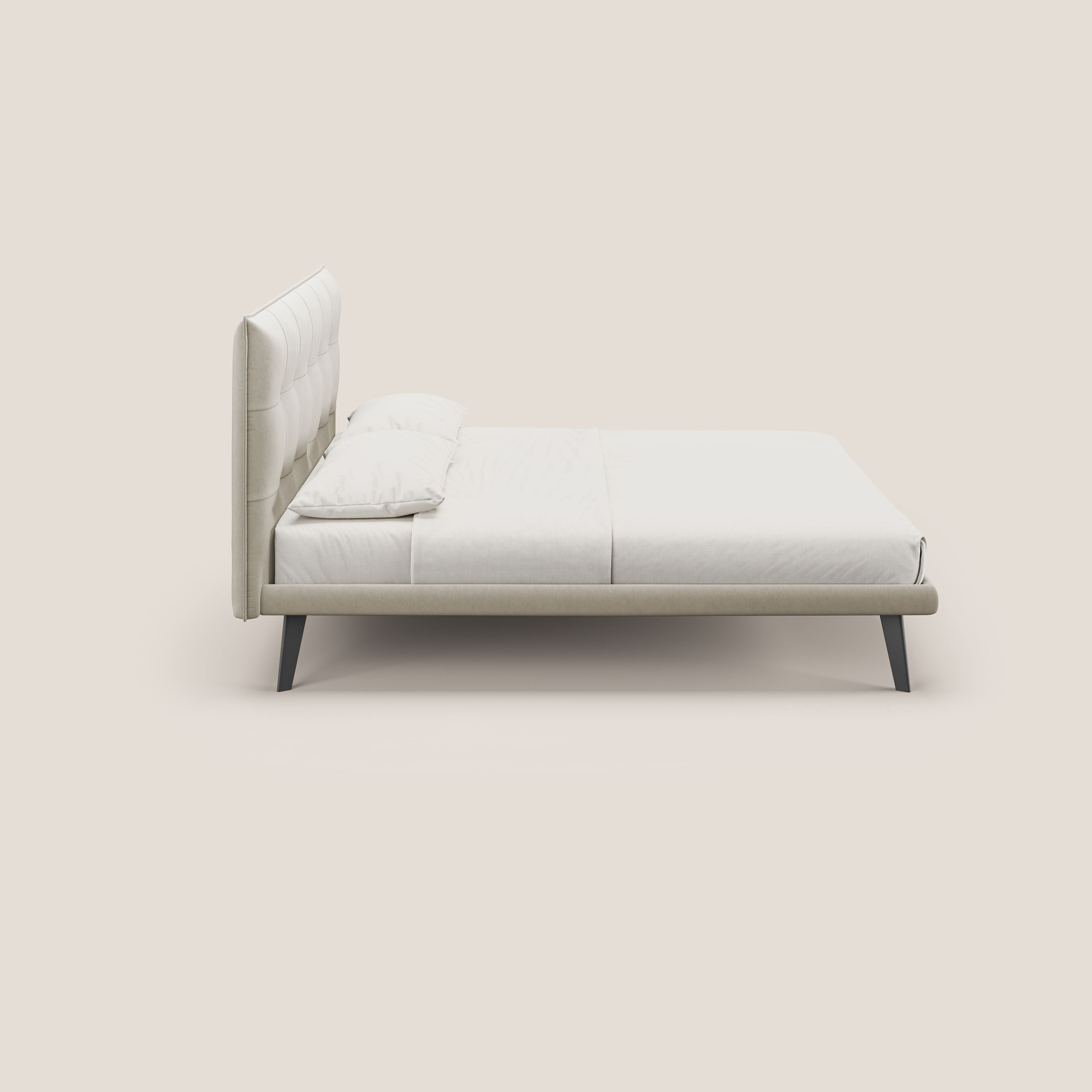 Brigitte letto con testata trapuntata piedi alti in mogano e tessuto impermeabile T09 beige - divani.store