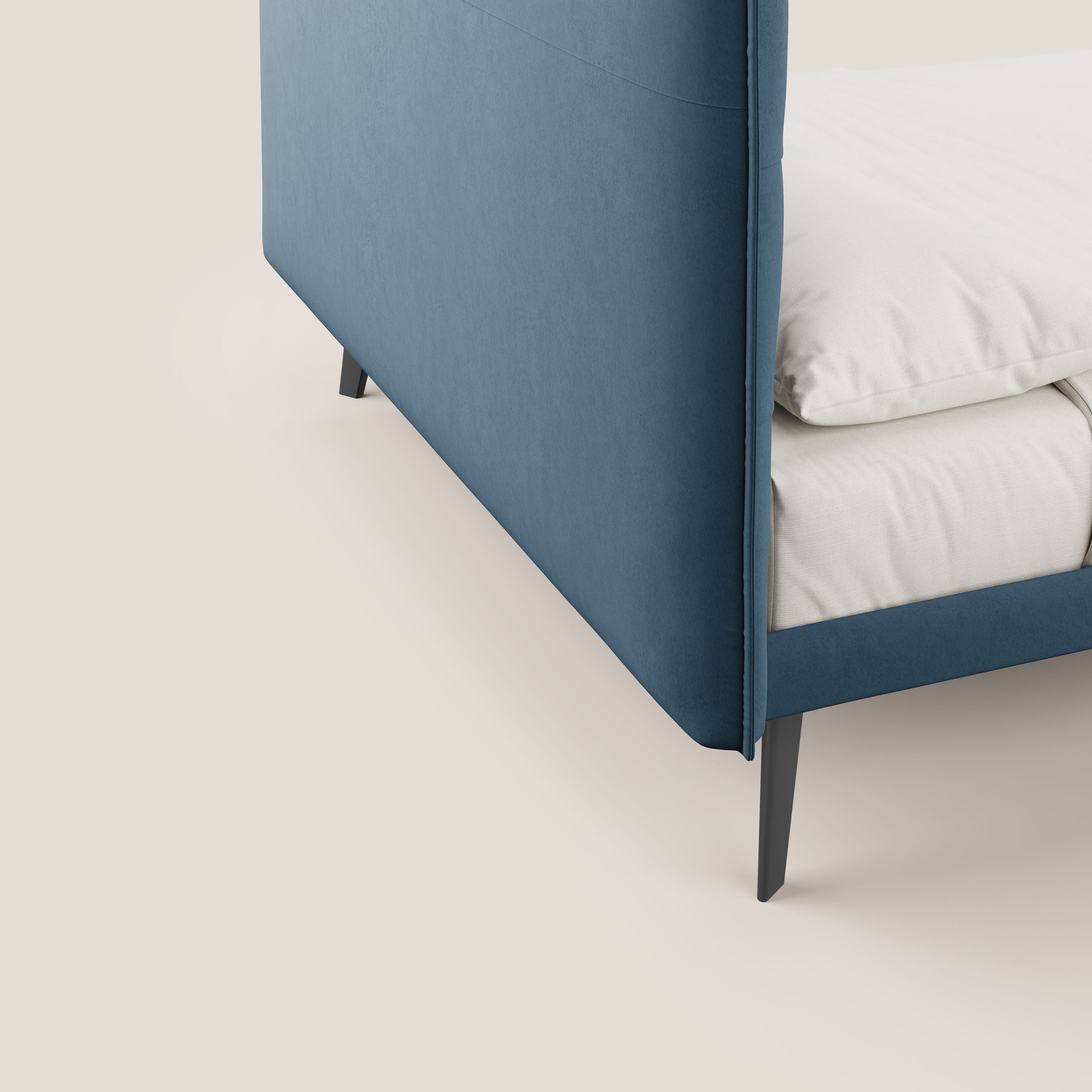 Brigitte letto con testata trapuntata piedi alti in mogano e tessuto impermeabile T09 blu - divani.store