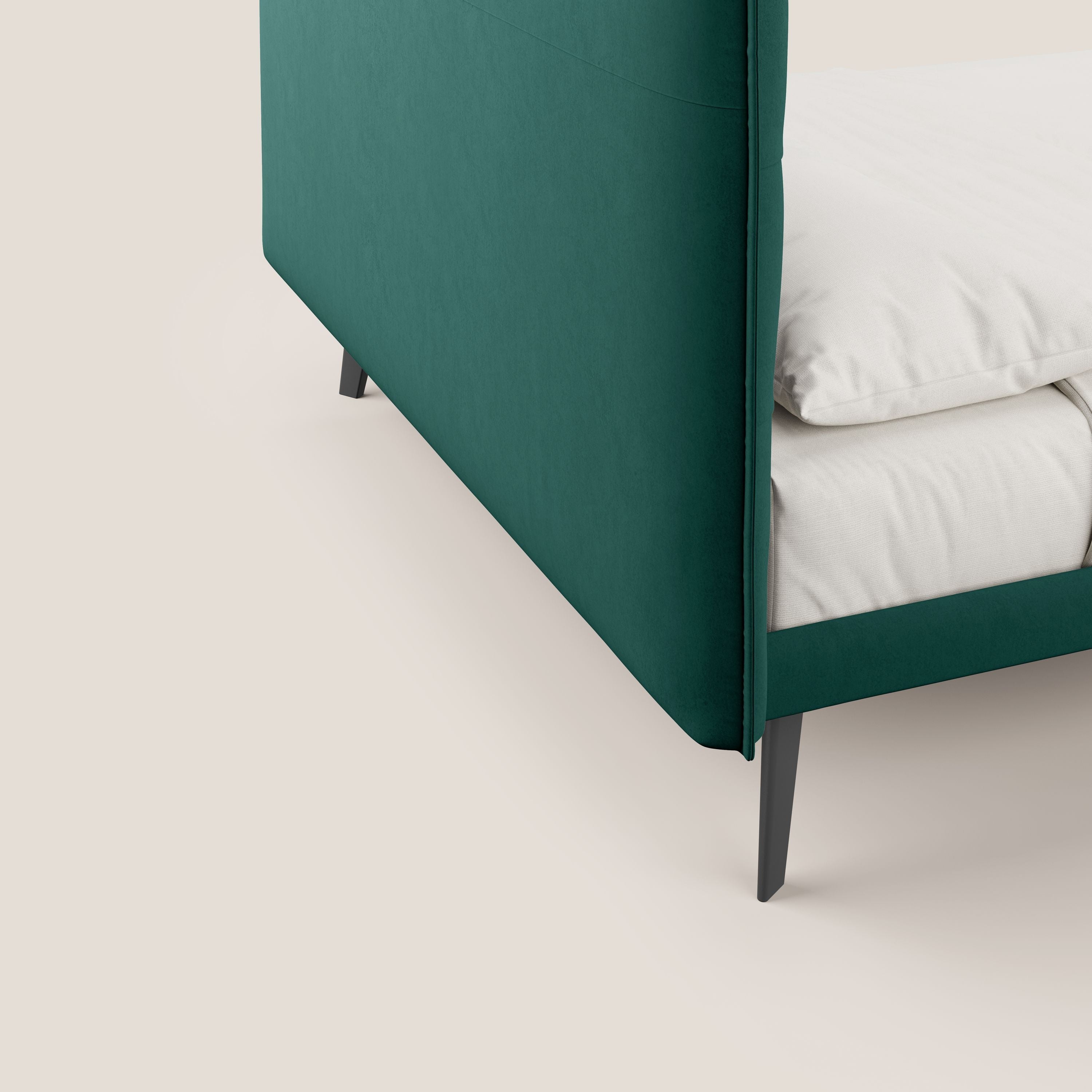 Brigitte letto con testata trapuntata piedi alti in mogano e tessuto impermeabile T09 verde - divani.store