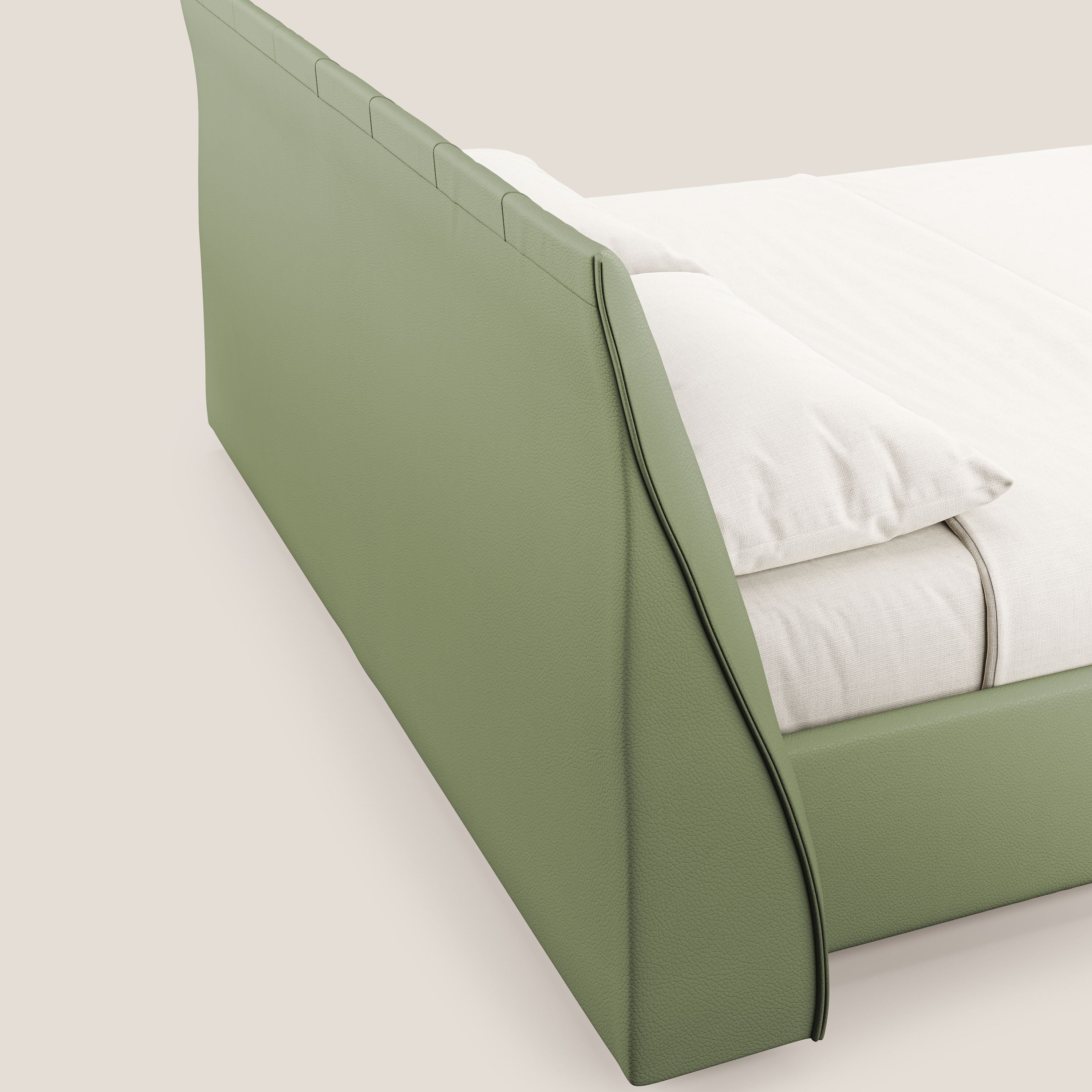 Clizia letto imbottito di design con vano contenitore in ecopelle impermeabile T04 verde - divani.store