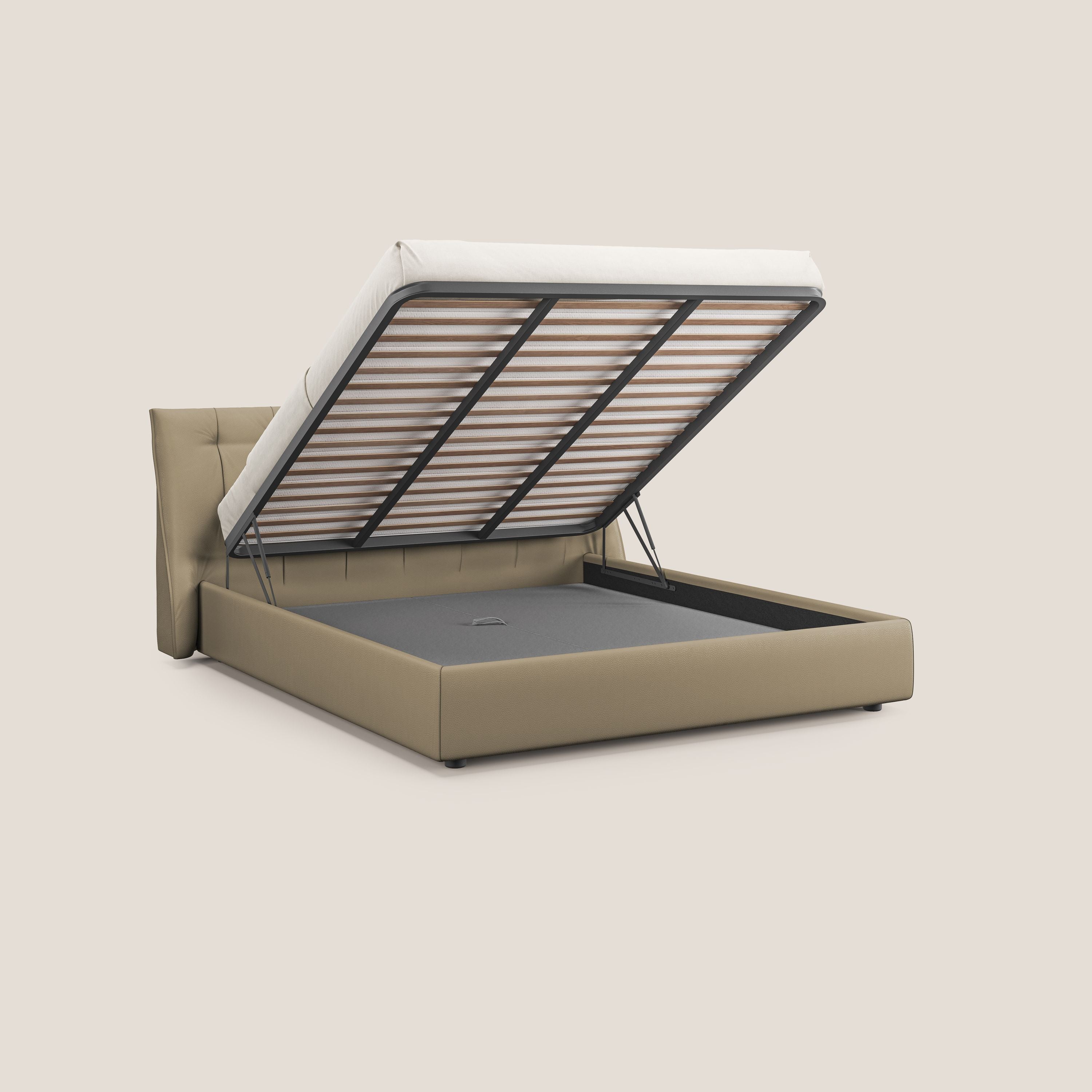 Clizia letto imbottito di design con vano contenitore in ecopelle impermeabile T04 beige - divani.store