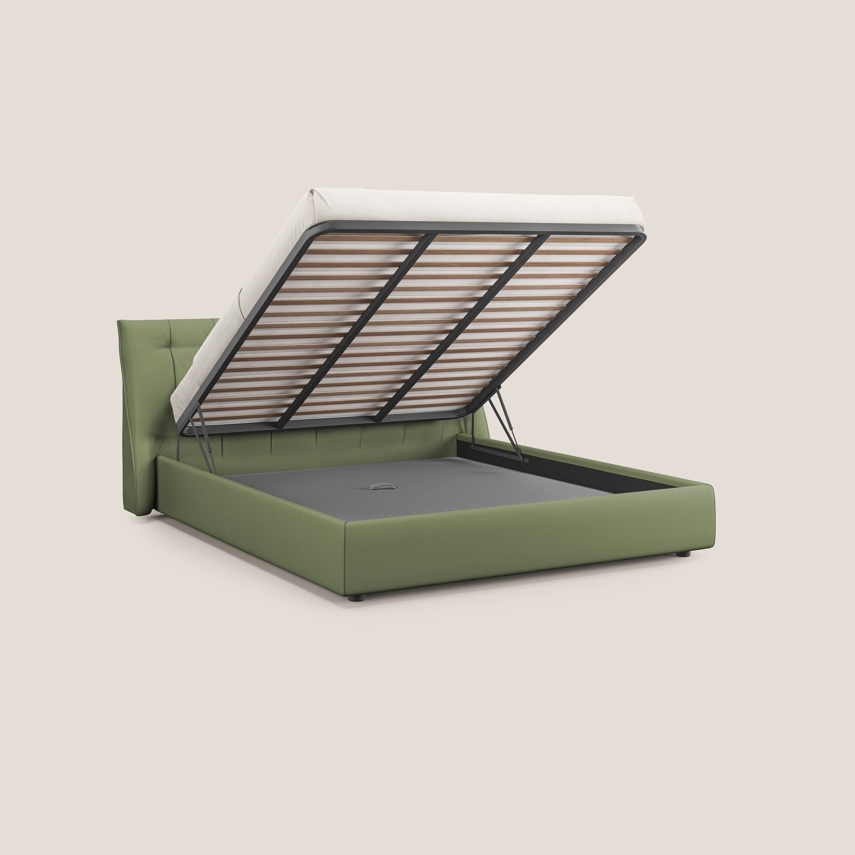 Clizia letto imbottito di design con vano contenitore in ecopelle impermeabile T04 verde - divani.store