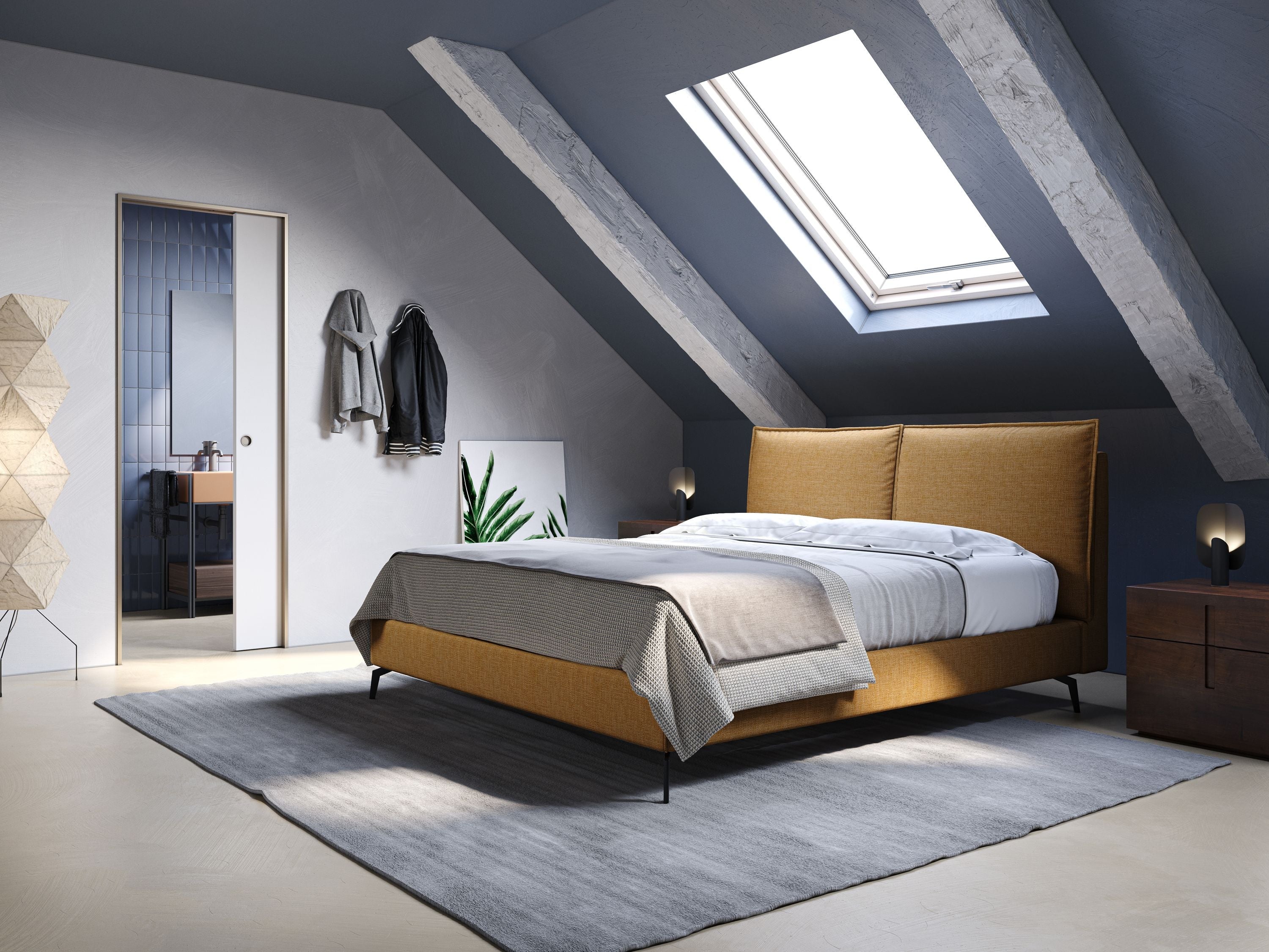 Cloe letto imbottito con piedi in metallo sfoderabile in tessuto fiammato impermeabile T06 giallo - divani.store