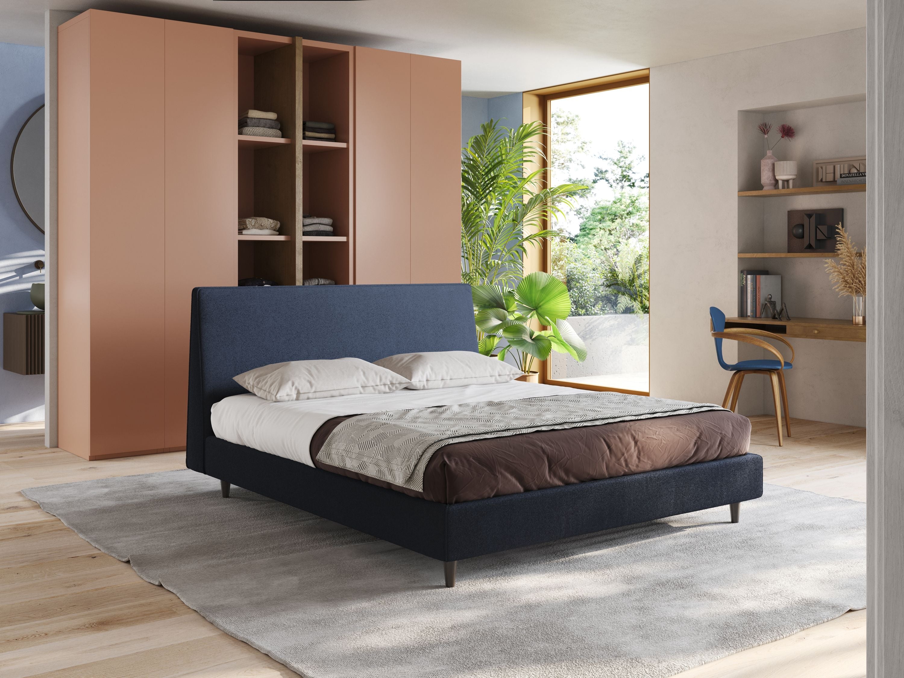 Dorotea letto imbottito con piedi in legno in morbido bouclé impermeabile T07 blu - divani.store