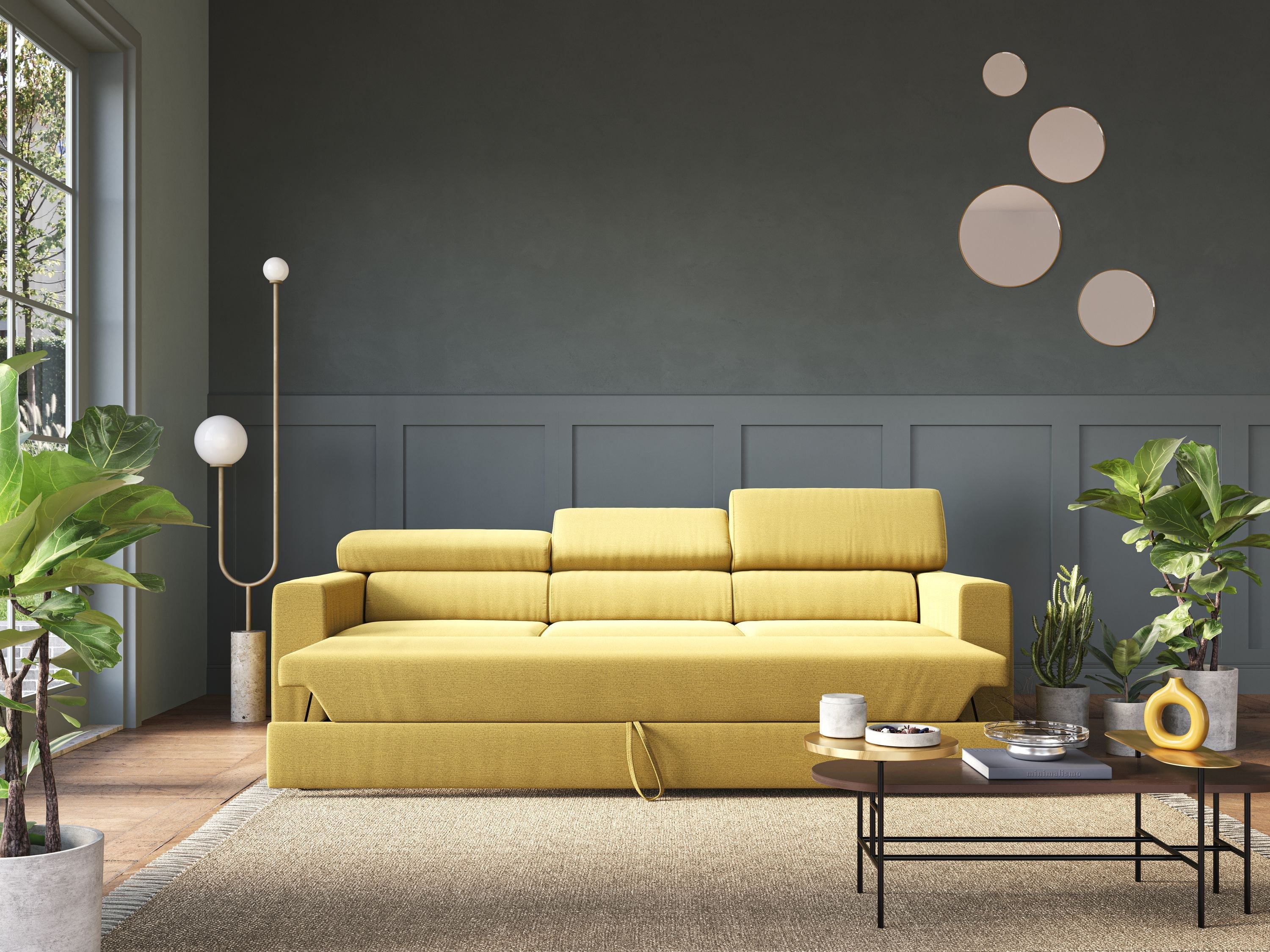 Dylan divano a 3 sedute con pouf estraibile poggiapiedi in tessuto fiammato simil cotone impermeabile T19 giallo - divani.store