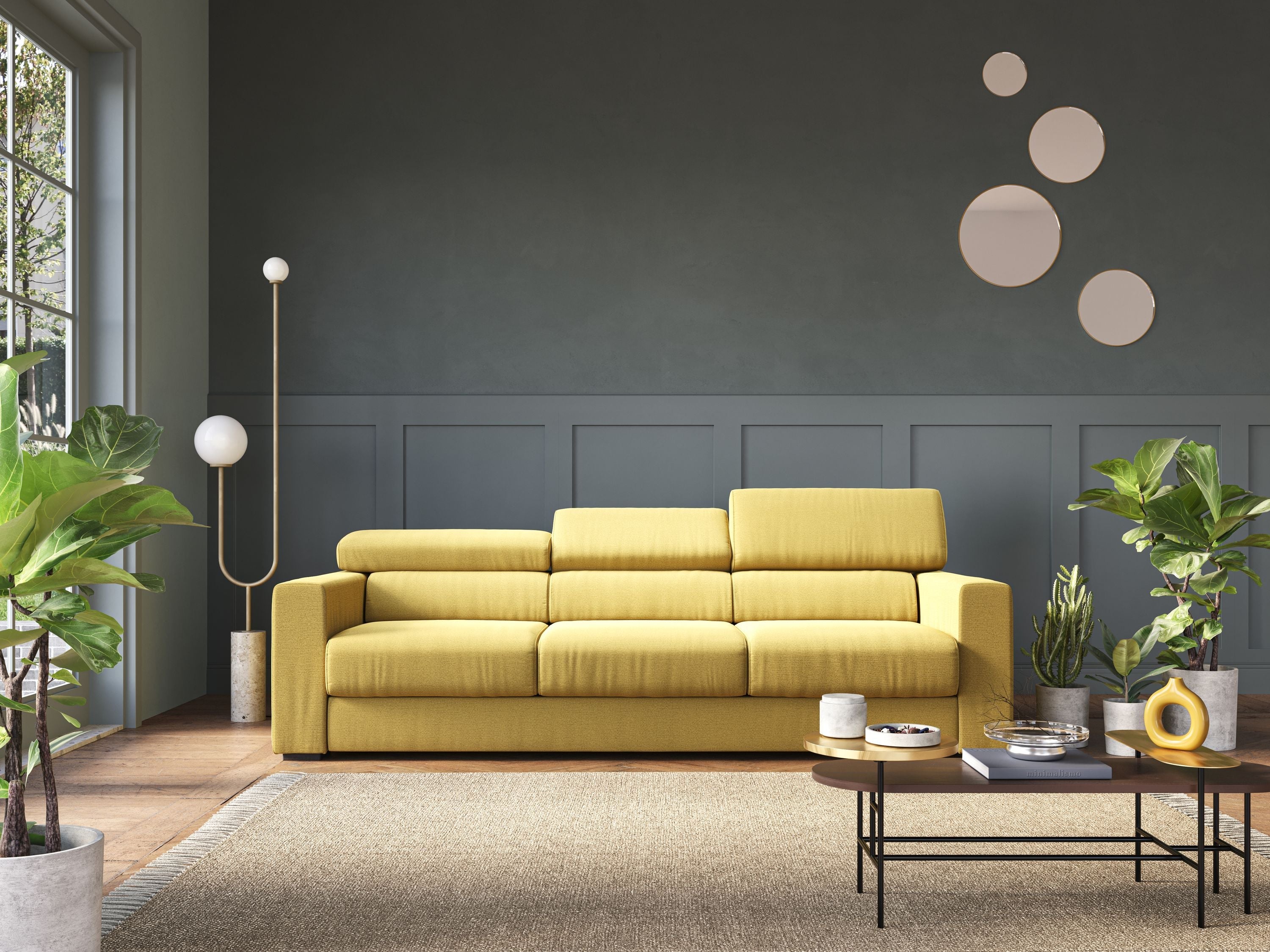 Dylan divano a 3 sedute con pouf estraibile poggiapiedi in tessuto fiammato simil cotone impermeabile T19 giallo - divani.store