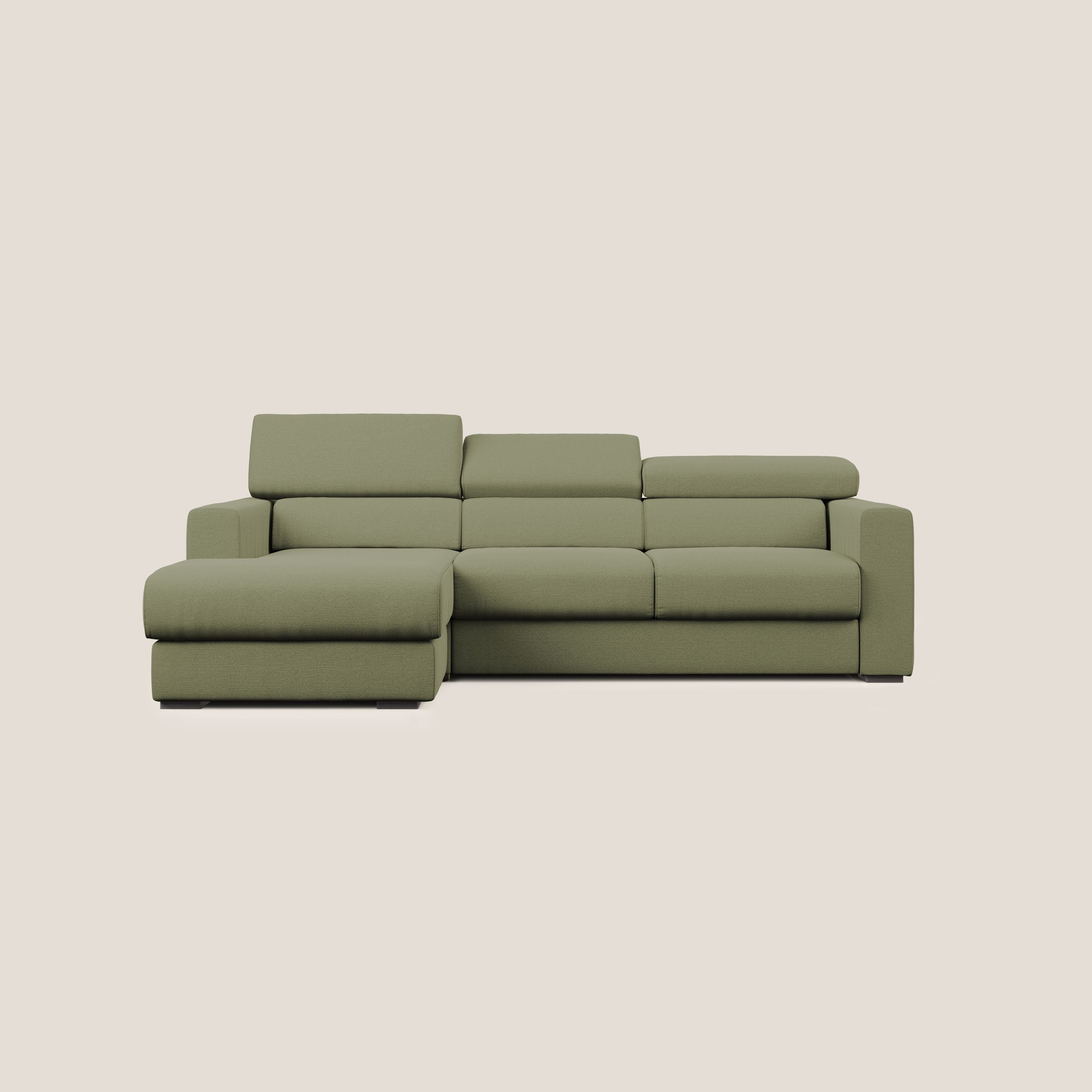 Dylan divano angolare con estraibile a cassettone in tessuto fiammato simil cotone impermeabile T19 verde - divani.store