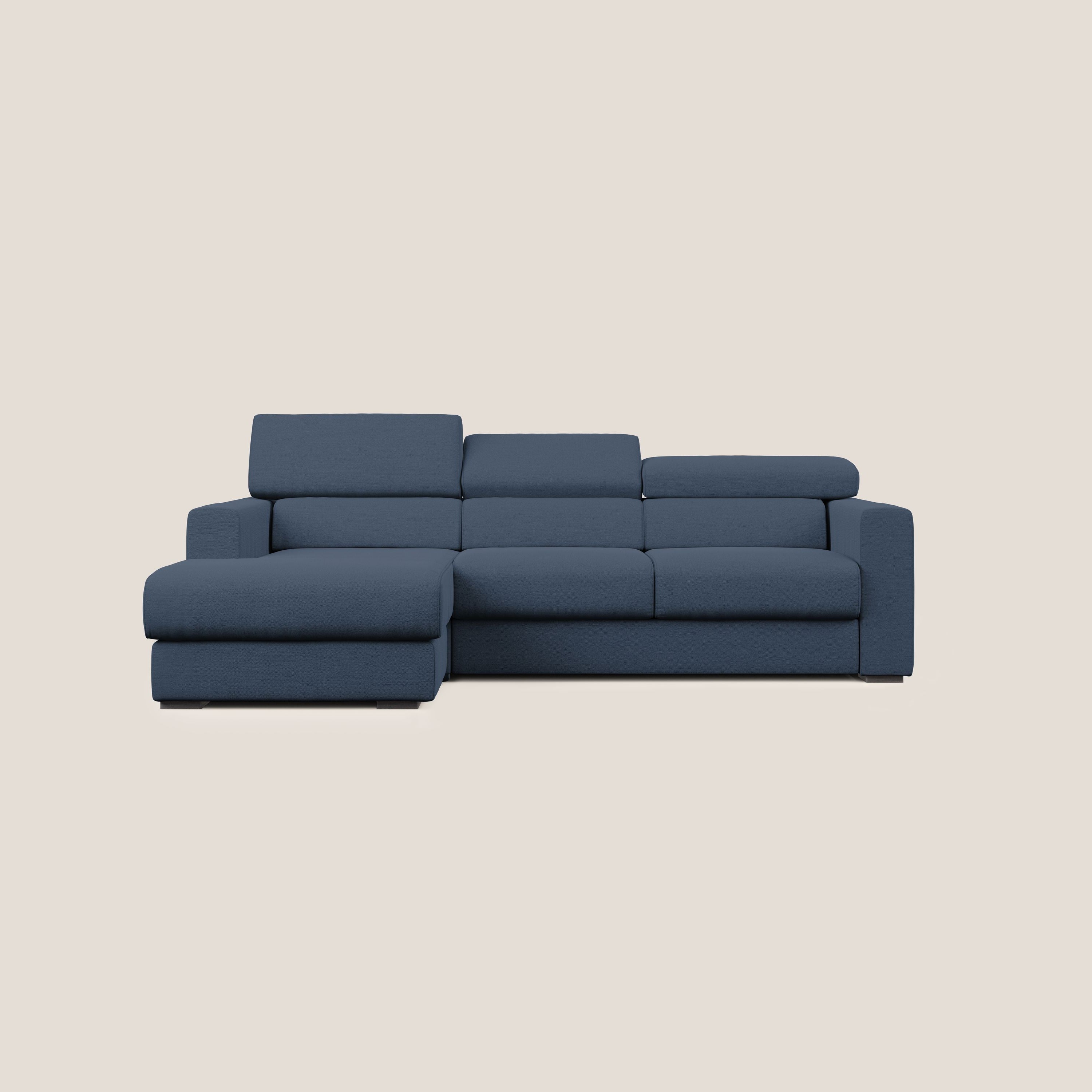 Dylan divano angolare con estraibile a cassettone in tessuto fiammato simil cotone impermeabile T19 blu - divani.store