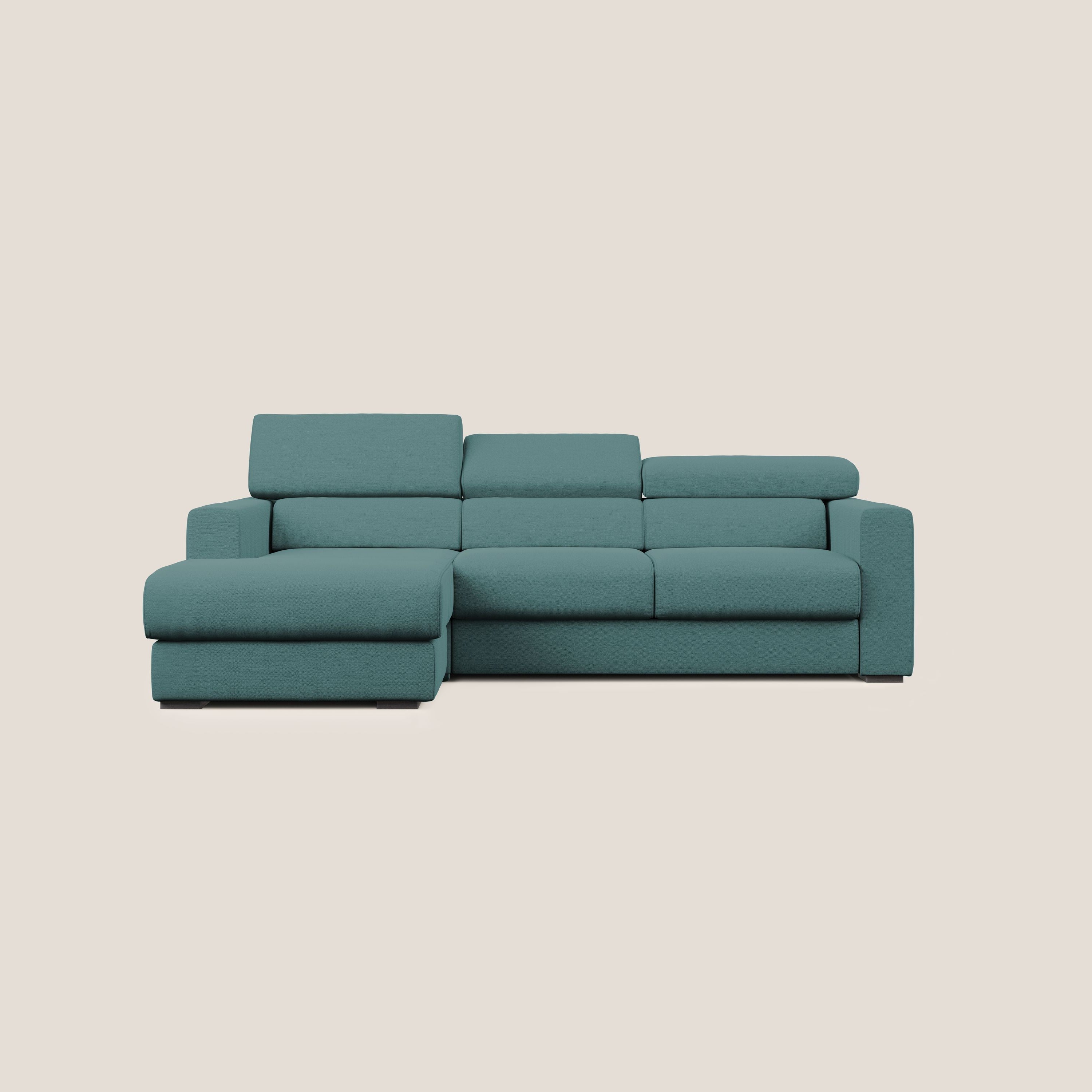 Dylan divano angolare con estraibile a cassettone in tessuto fiammato simil cotone impermeabile T19 petrolio - divani.store