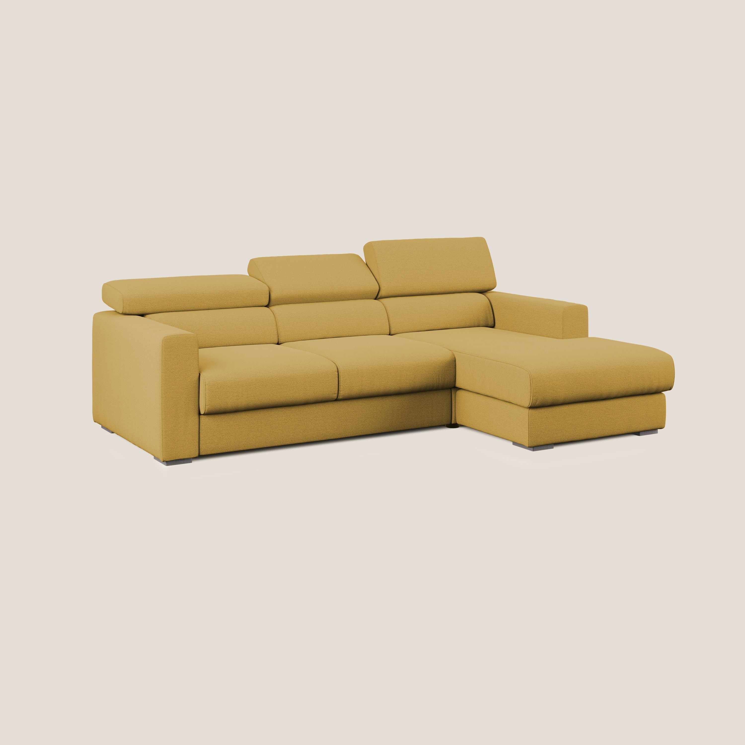 Dylan divano angolare con estraibile a cassettone in tessuto fiammato simil cotone impermeabile T19 giallo - divani.store