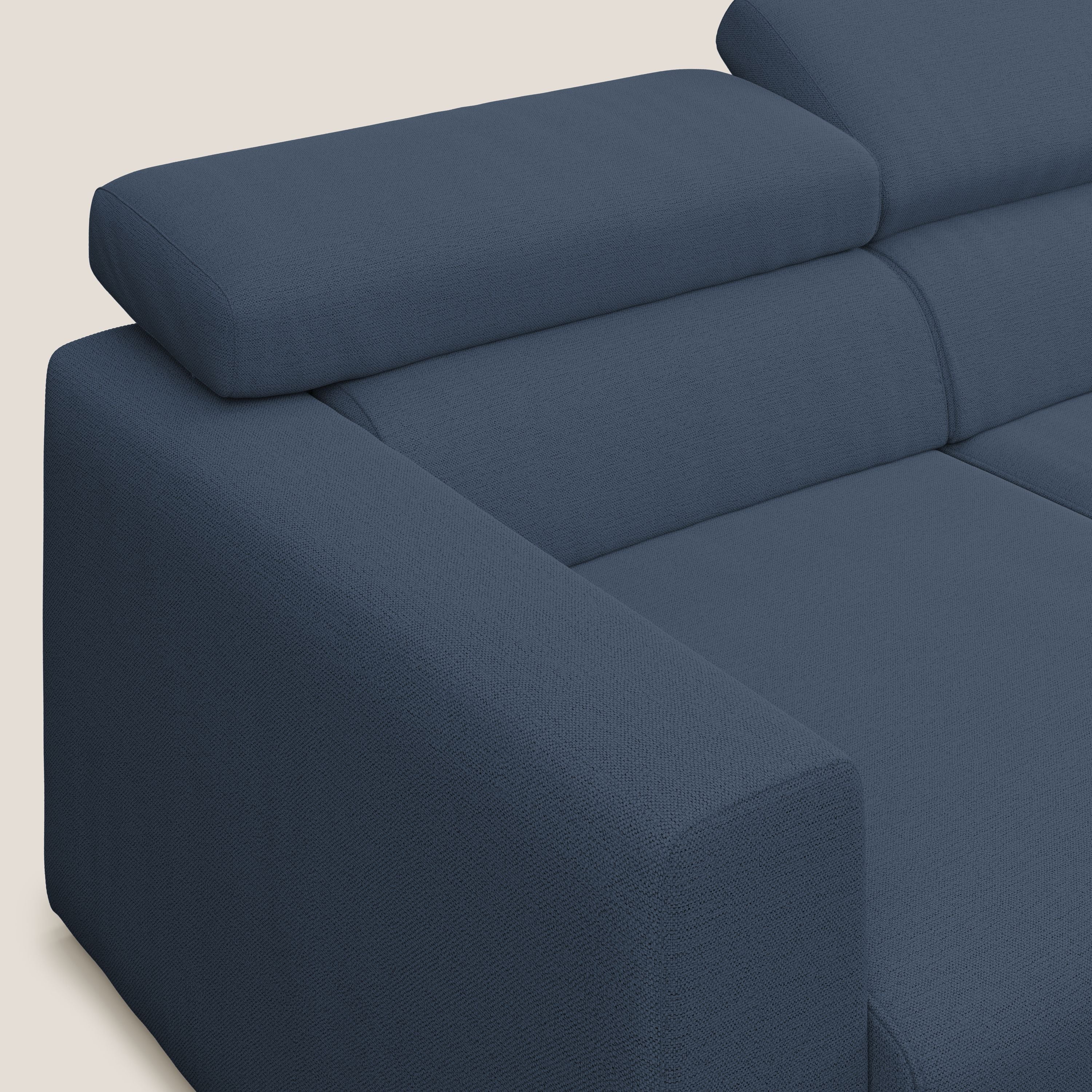 Dylan divano angolare con estraibile a cassettone in tessuto fiammato simil cotone impermeabile T19 blu - divani.store