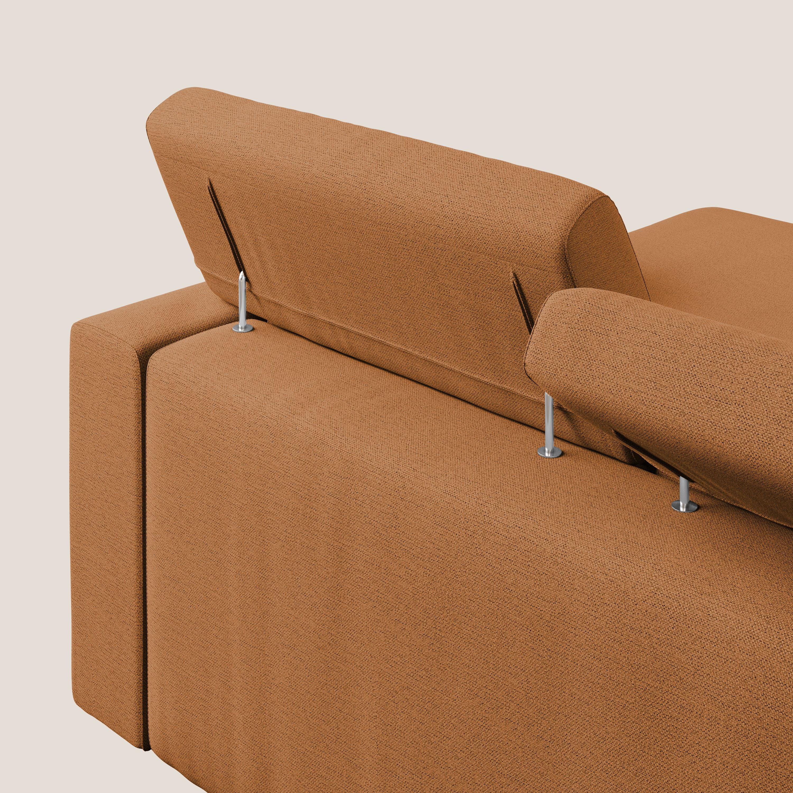 Dylan divano angolare con estraibile a cassettone in tessuto fiammato simil cotone impermeabile T19 arancio - divani.store