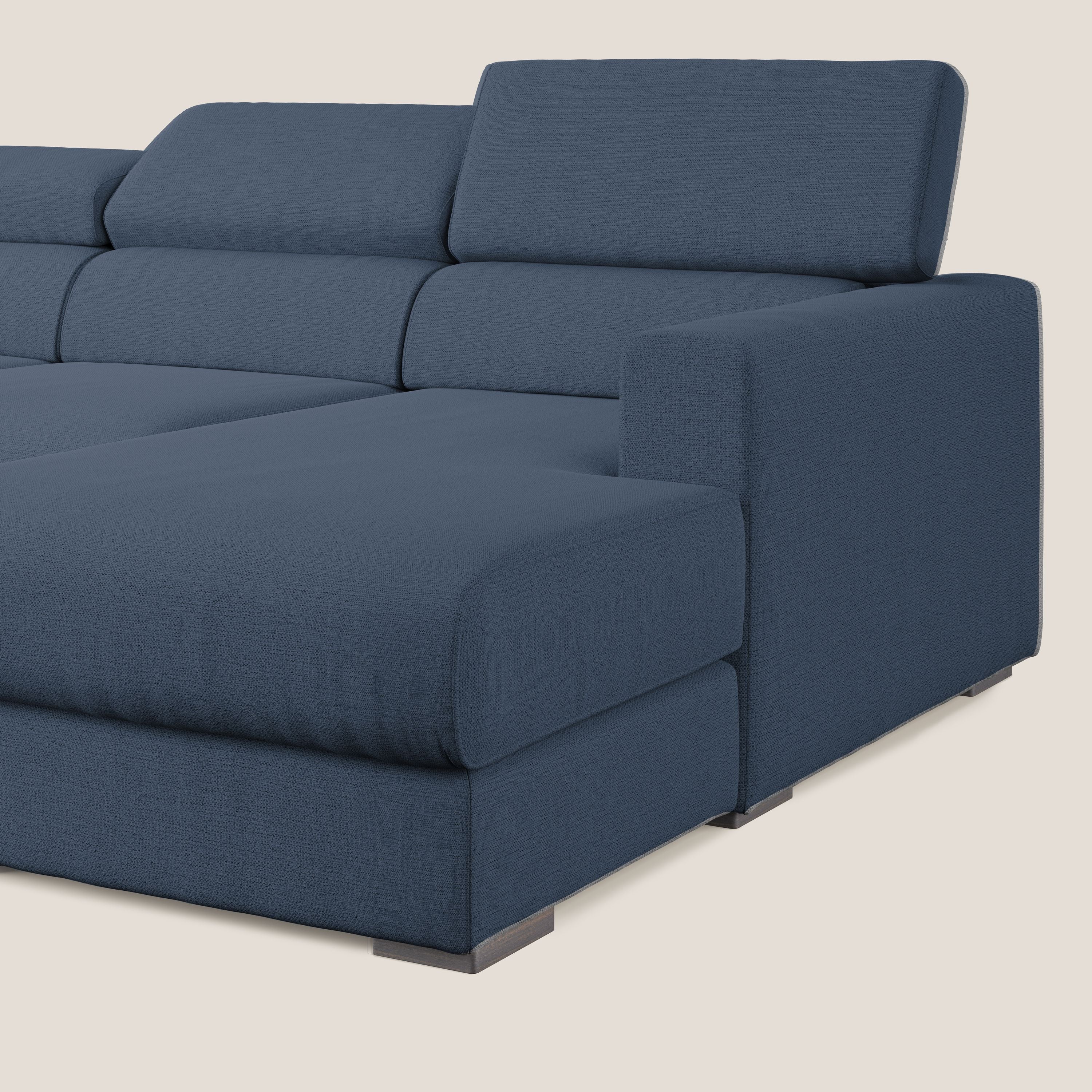 Dylan divano angolare con estraibile a cassettone in tessuto fiammato simil cotone impermeabile T19 blu - divani.store