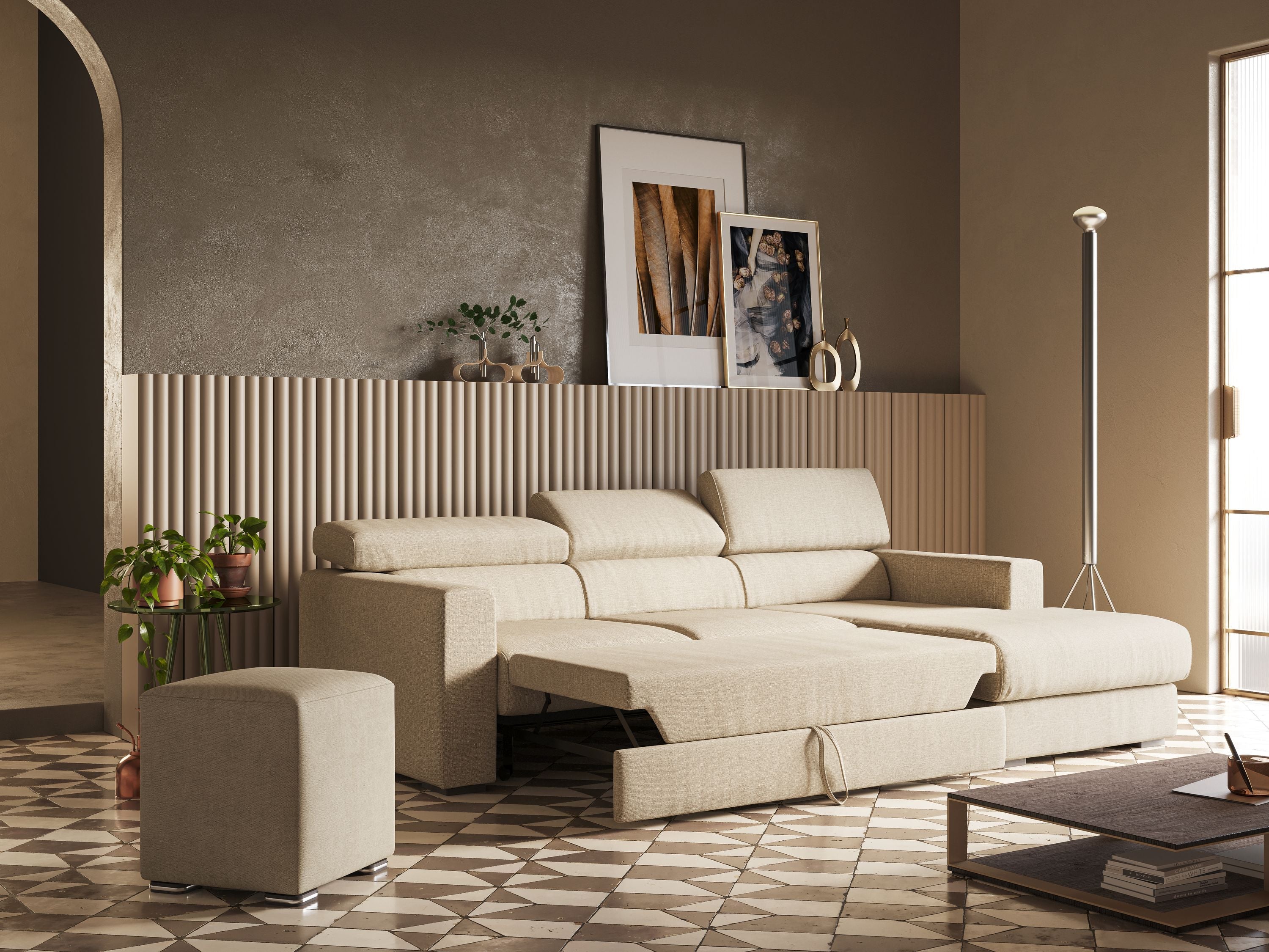 Shop online Dylan divano angolare con pouf estraibile poggiapiedi in tessuto simil cotone impermeabile T13 marrone - divani.store
