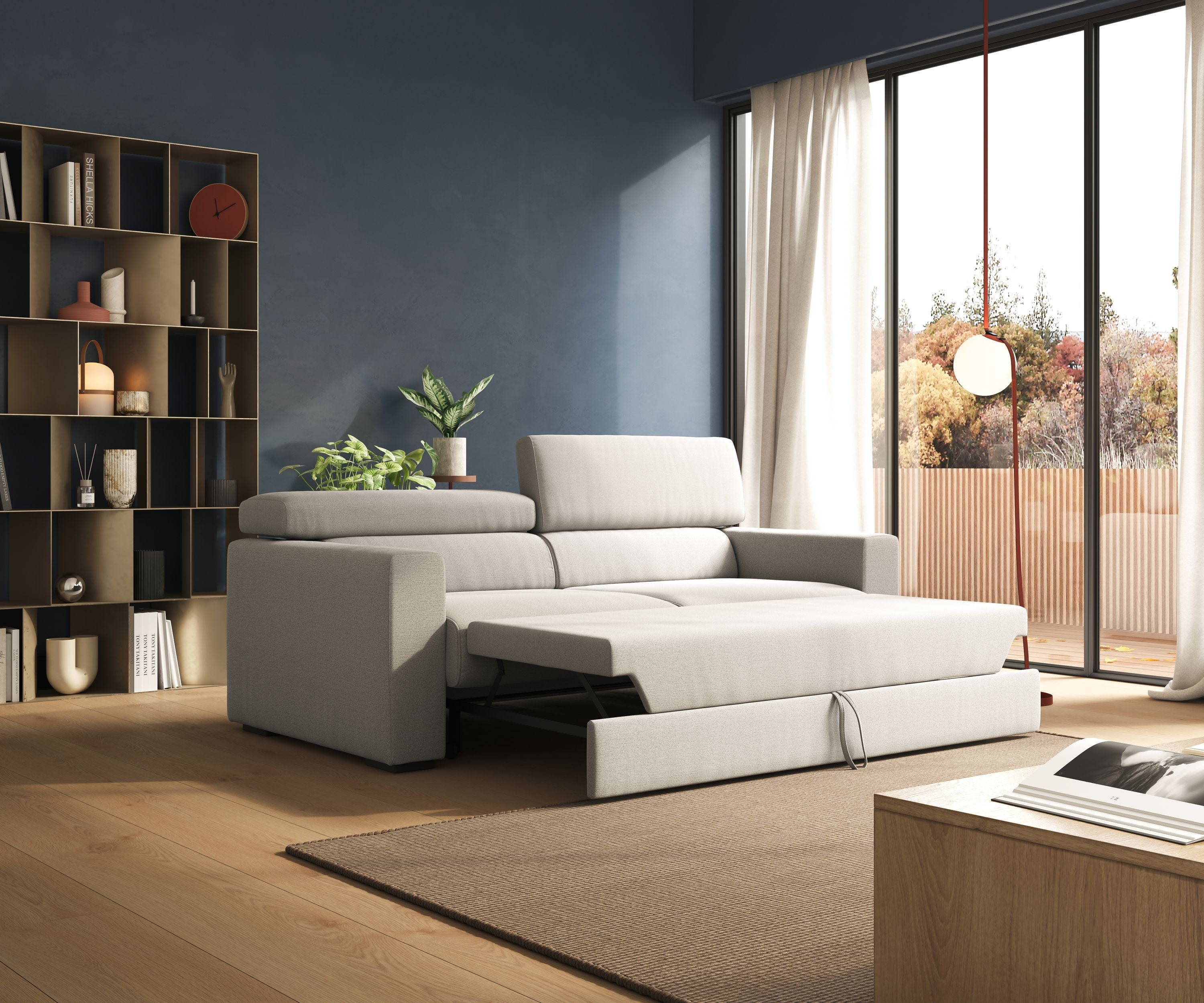 Dylan divano allungabile con pouf estraibile poggiapiedi in tessuto fiammato simil cotone impermeabile T19 grigio - divani.store