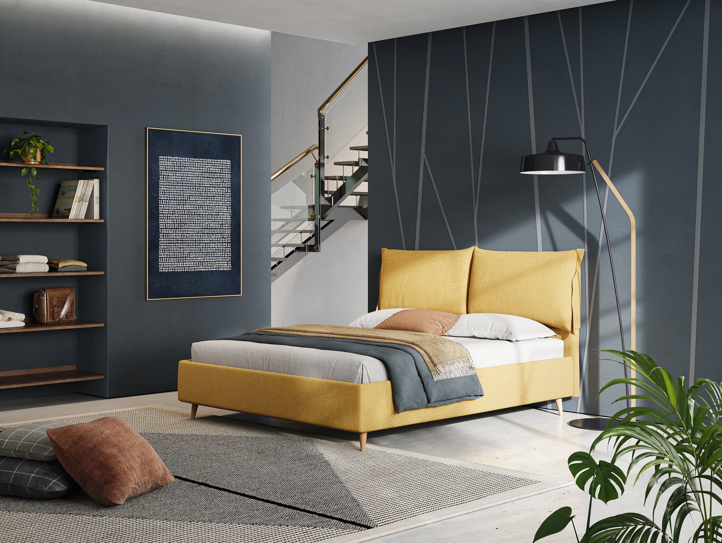 Elettra letto contenitore imbottito e sfoderabile con cuscini testata in tessuto impermeabile T13 giallo - divani.store