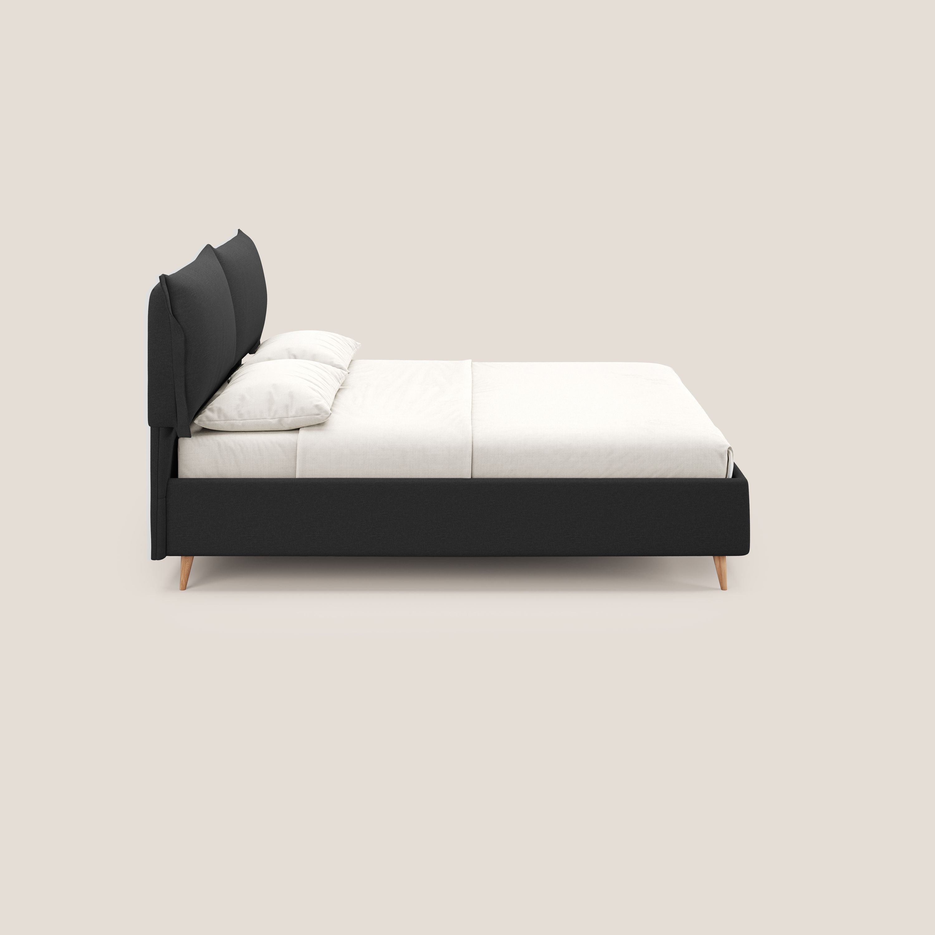 Elettra letto contenitore imbottito e sfoderabile con cuscini testata in tessuto impermeabile T13 antracite - divani.store