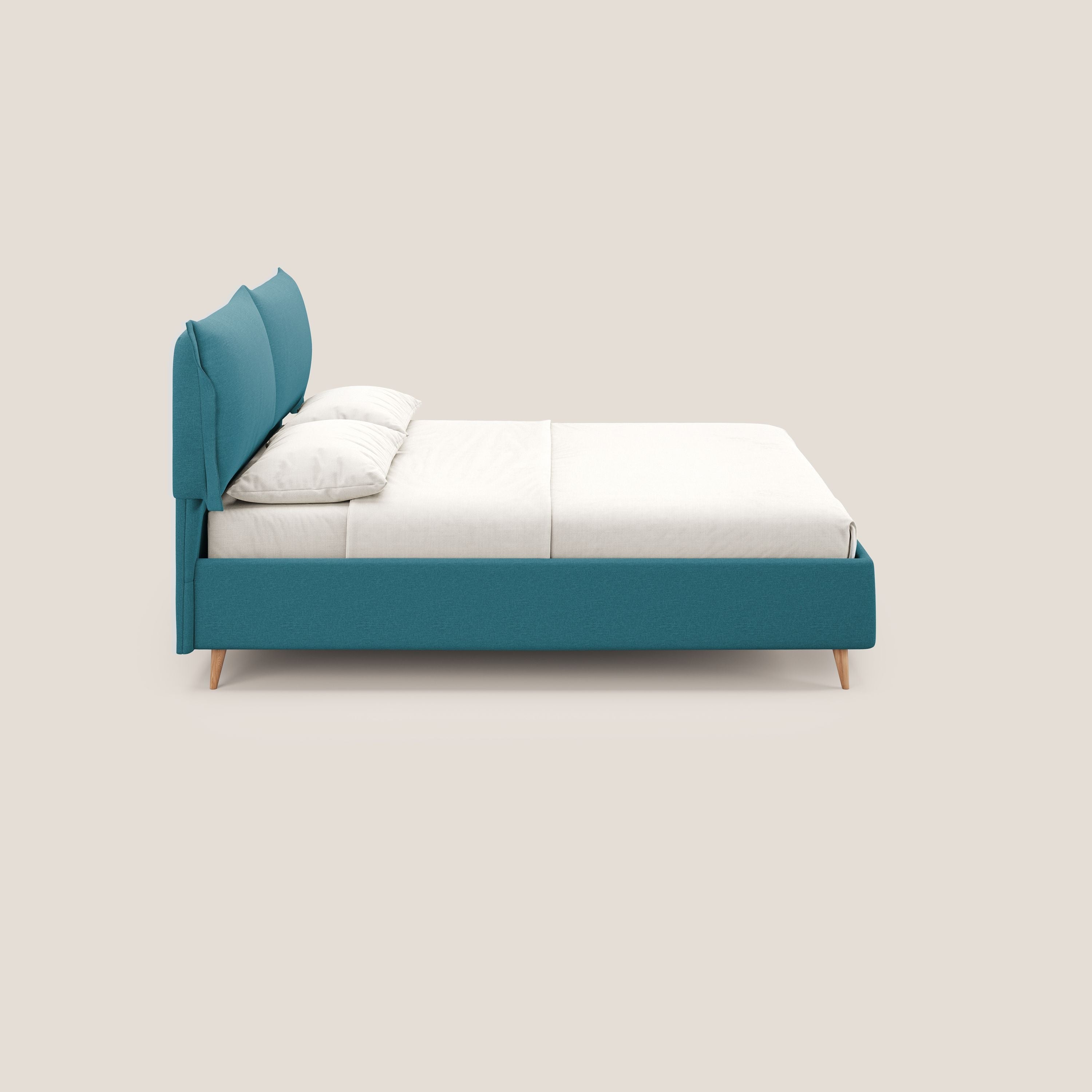 Elettra letto contenitore imbottito e sfoderabile con cuscini testata in tessuto impermeabile T13 azzurro - divani.store