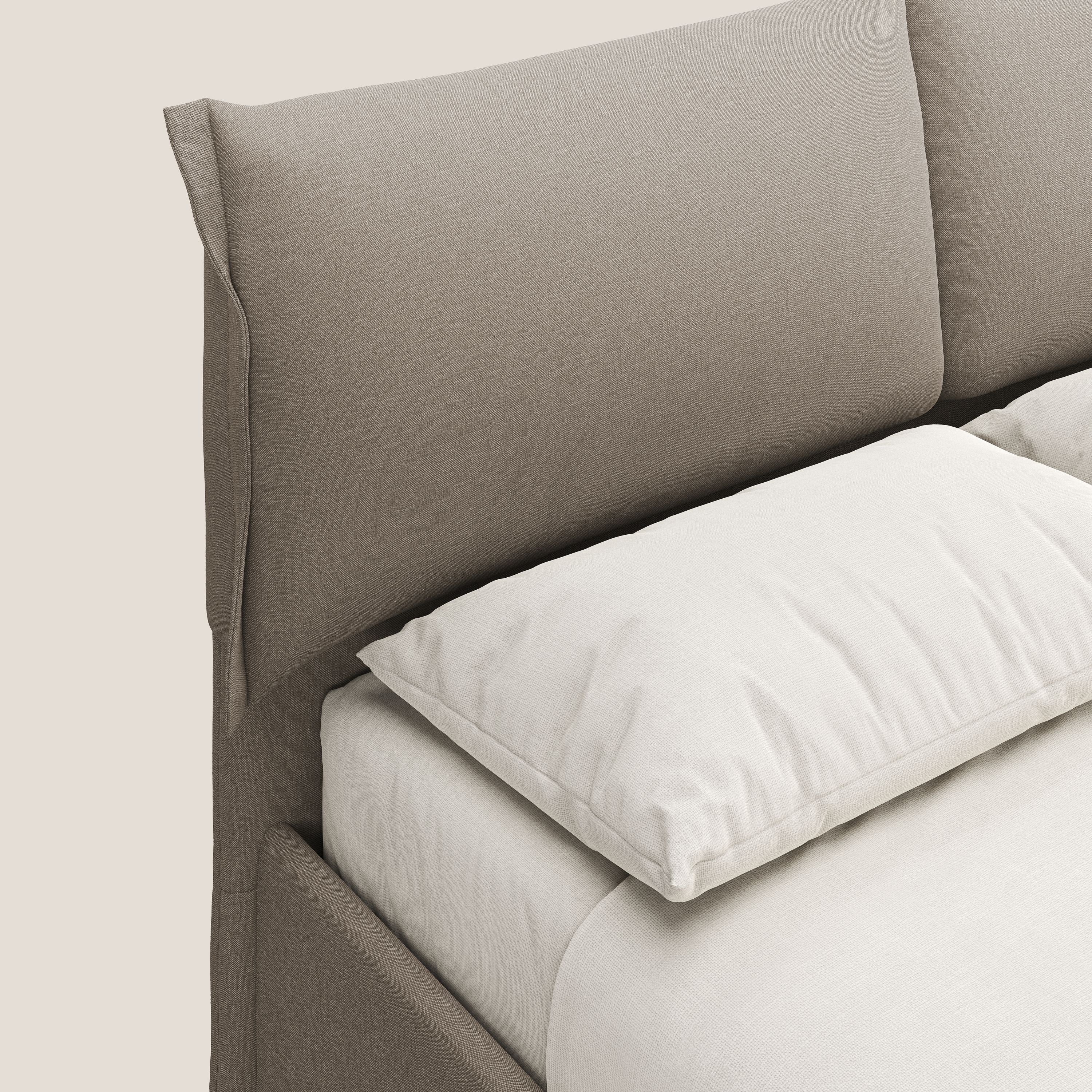 Elettra letto contenitore imbottito e sfoderabile con cuscini testata in tessuto impermeabile T13 beige - divani.store