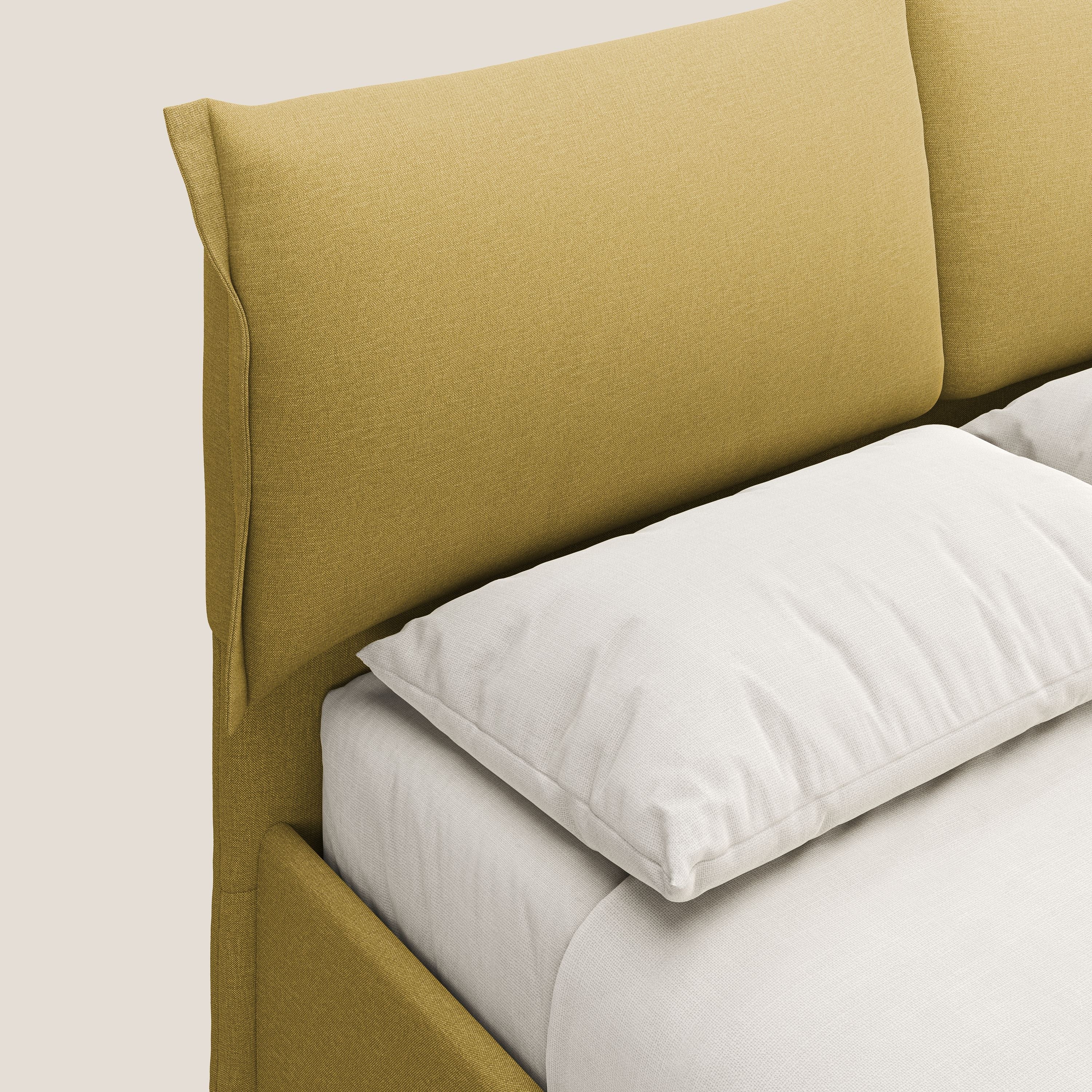 Elettra letto contenitore imbottito e sfoderabile con cuscini testata in tessuto impermeabile T13 giallo - divani.store