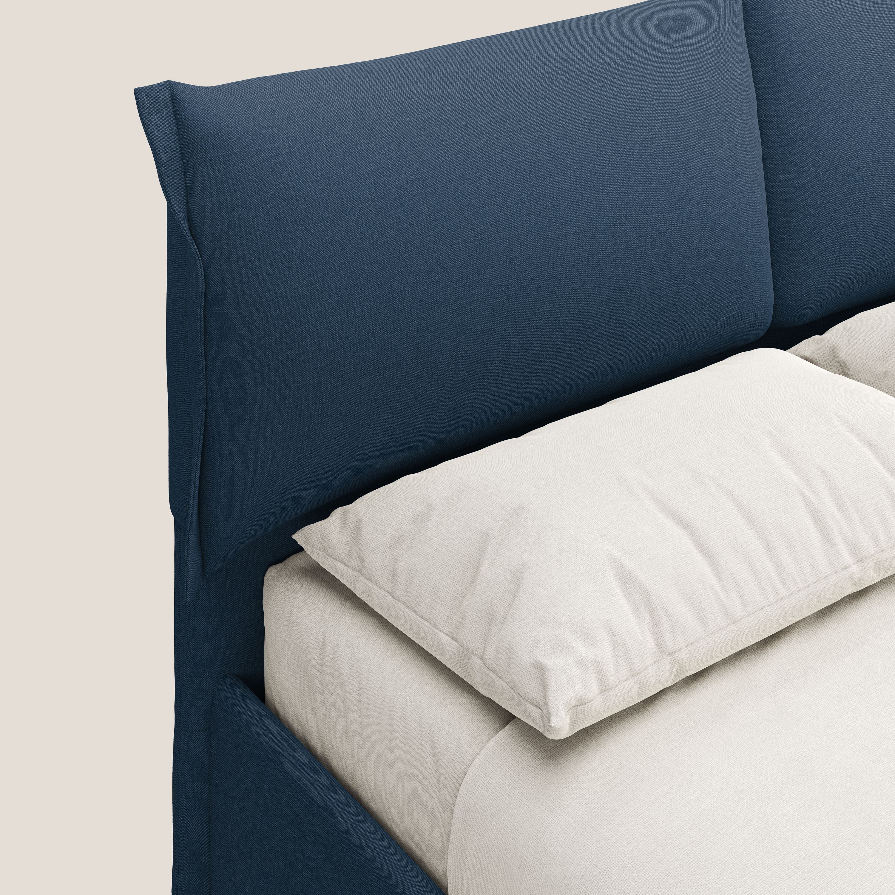 Elettra letto contenitore imbottito e sfoderabile con cuscini testata in tessuto impermeabile T13 blu - divani.store