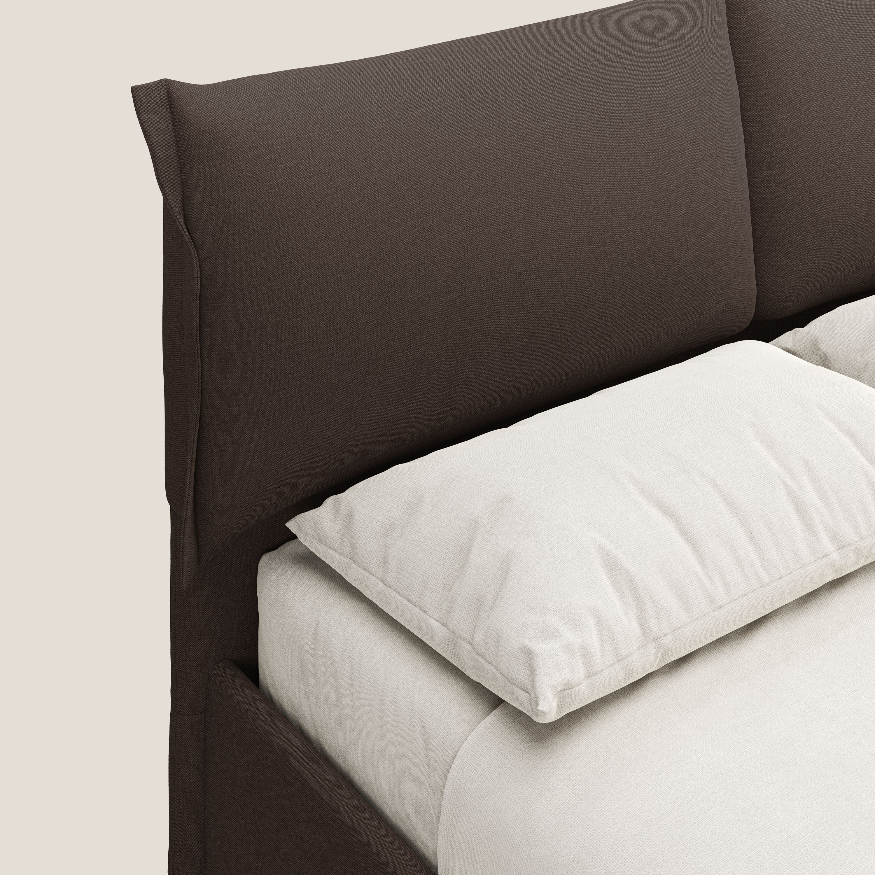 Elettra letto contenitore imbottito e sfoderabile con cuscini testata in tessuto impermeabile T13 marrone - divani.store