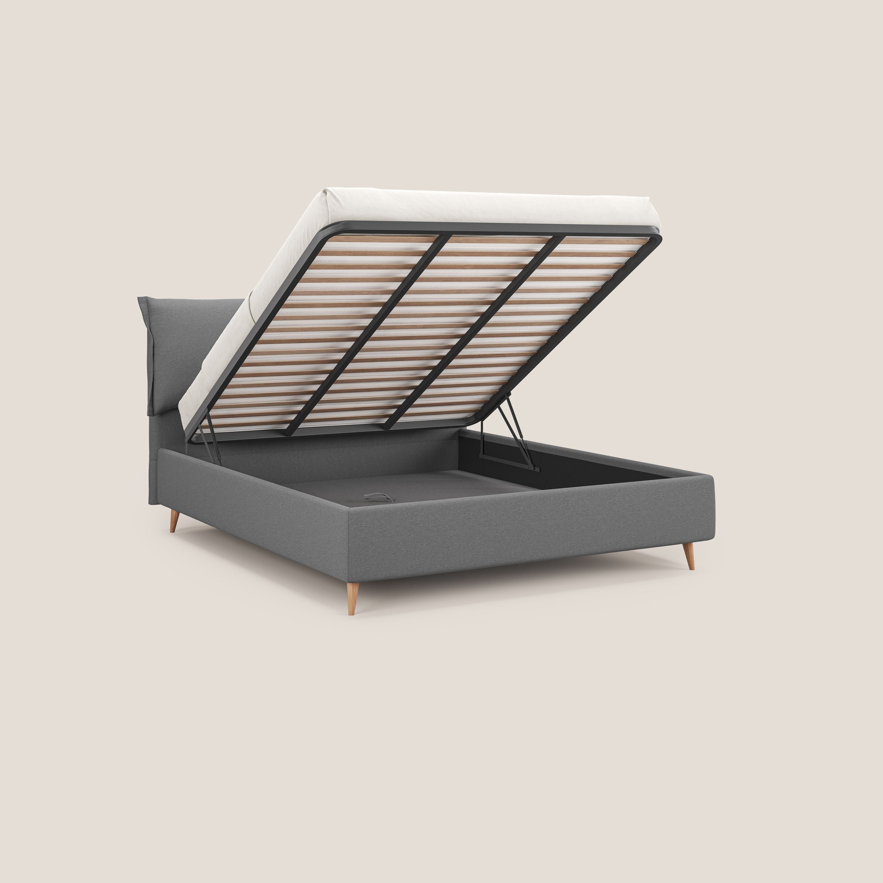 Elettra letto contenitore imbottito e sfoderabile con cuscini testata in tessuto impermeabile T13 grigio - divani.store
