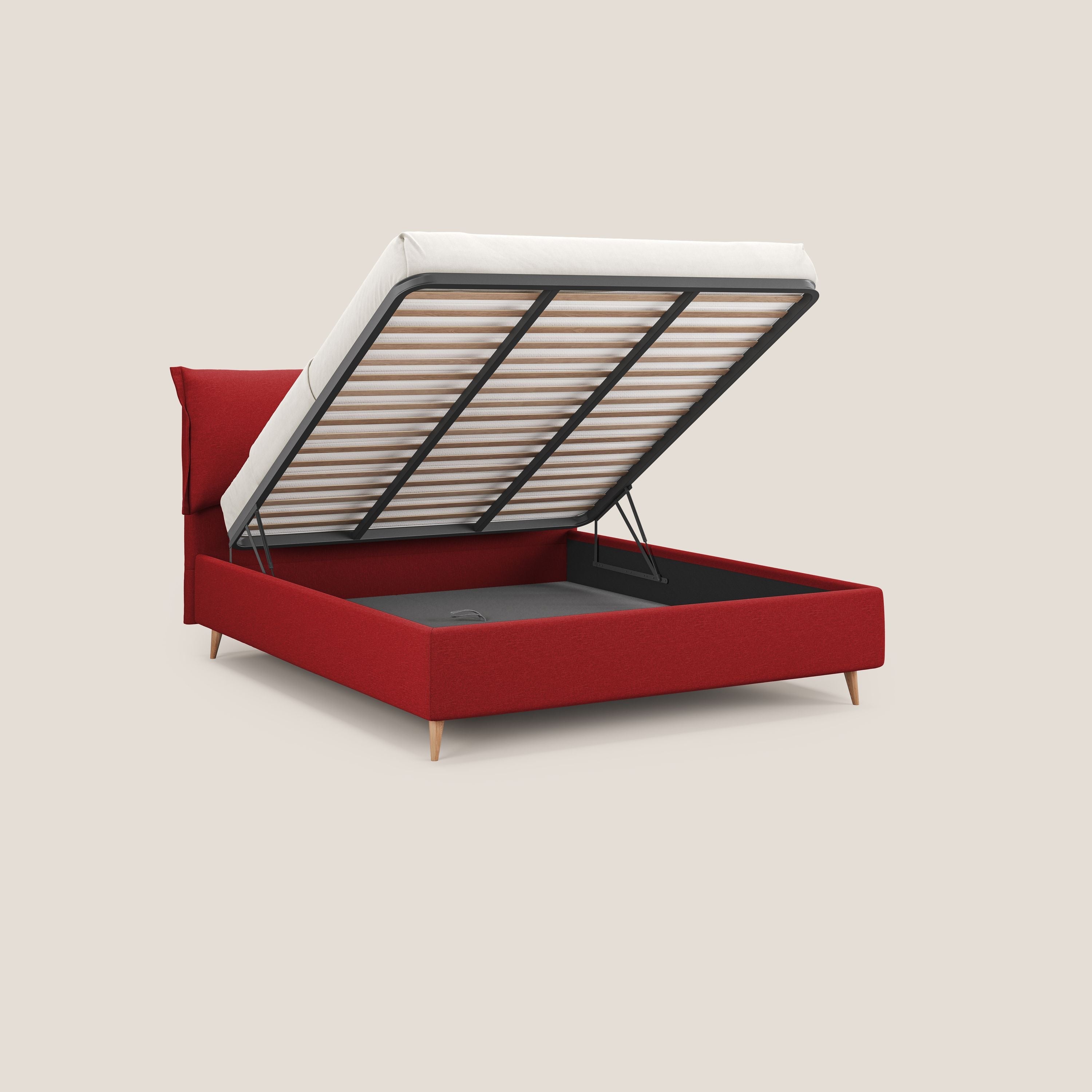 Elettra letto contenitore imbottito e sfoderabile con cuscini testata in tessuto impermeabile T13 rosso - divani.store