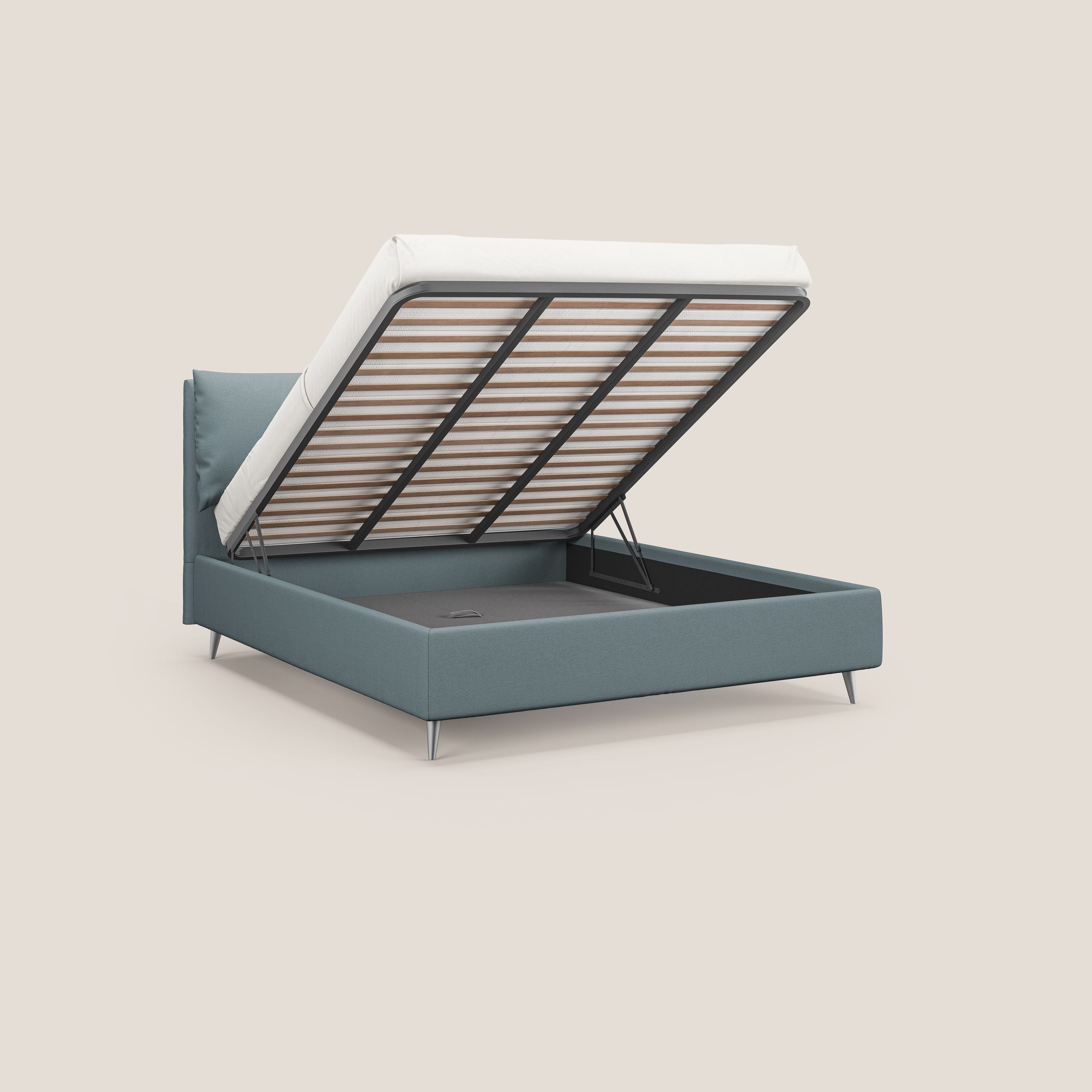 Elsa letto imbottito con vano contenitore in tessuto smacchiabile T05 carta da zucchero - divani.store