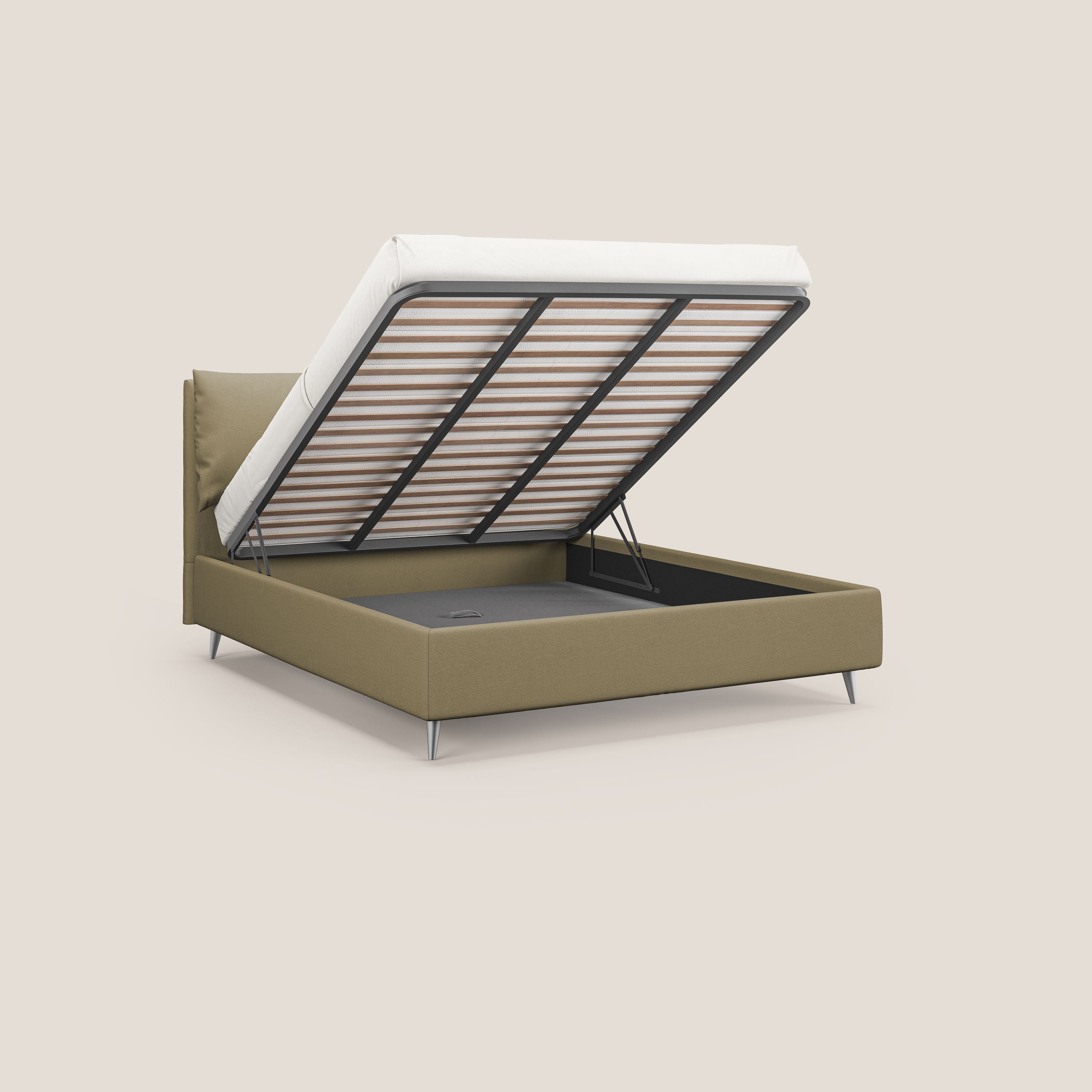 Elsa letto imbottito con vano contenitore in tessuto smacchiabile T05 cammello - divani.store
