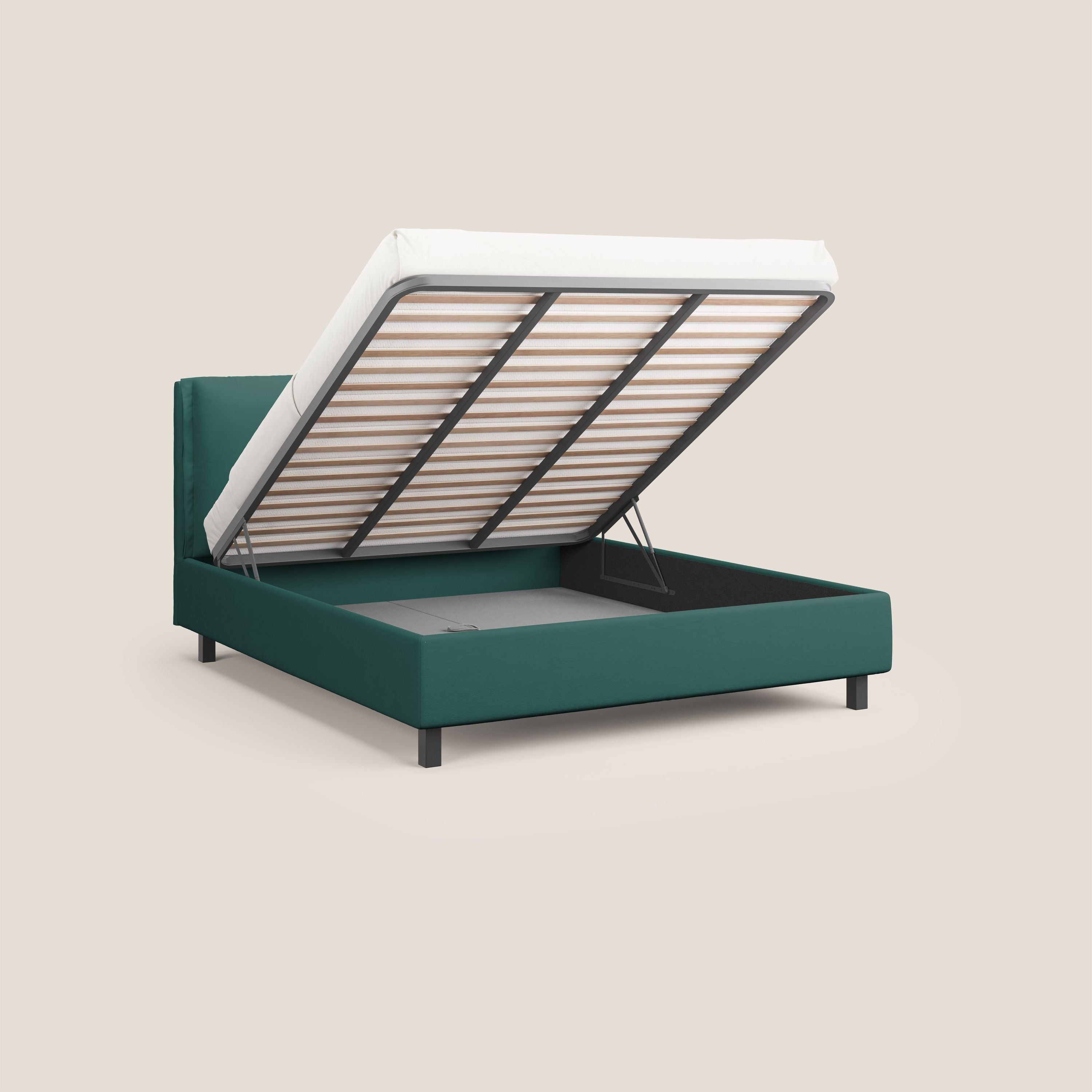 Emma letto contenitore con cuscini mobili in microfibra smacchiabile T11 petrolio - divani.store