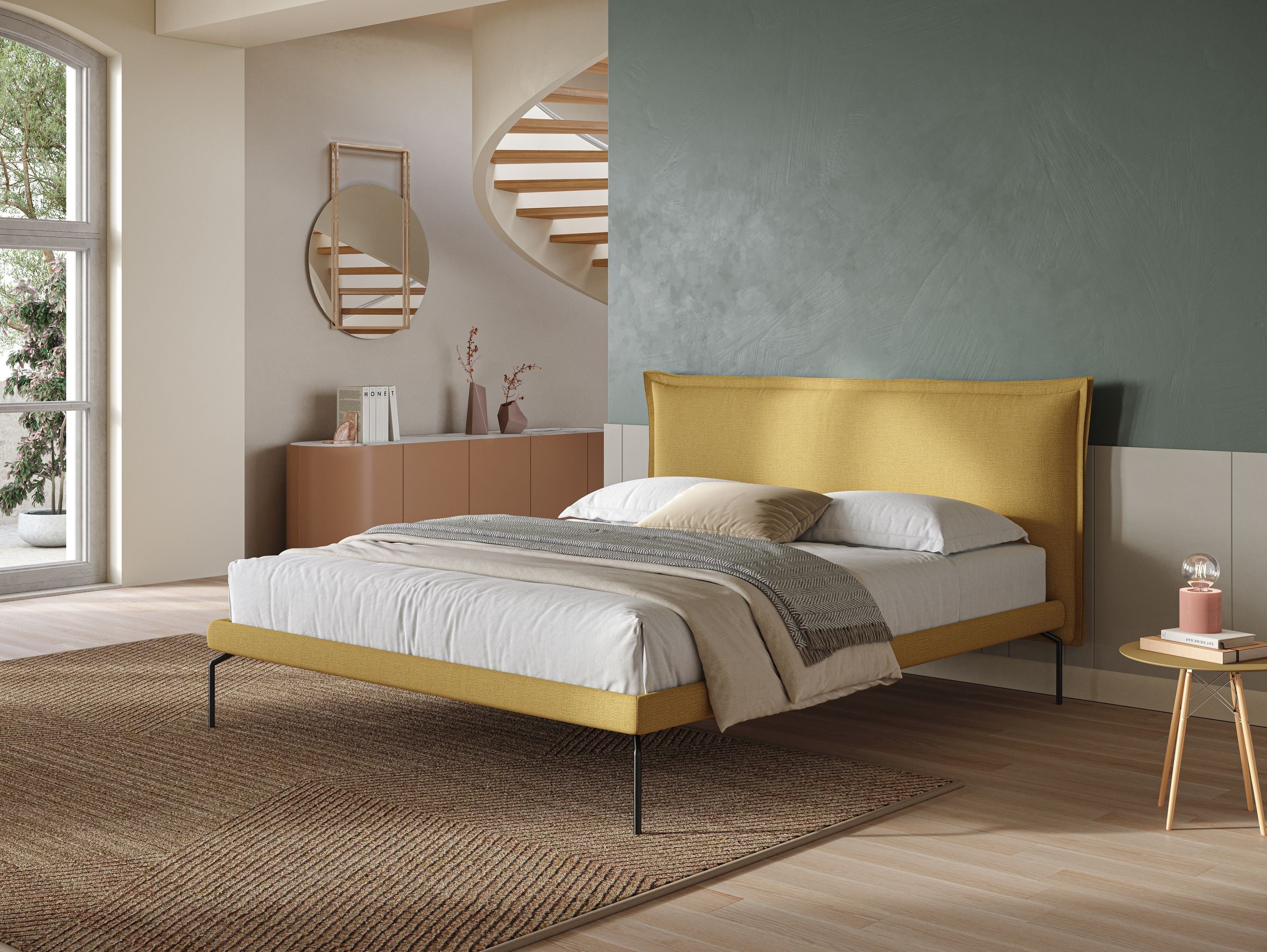 Eric letto imbottito design minimal in morbido tessuto impermeabile T14 giallo - divani.store