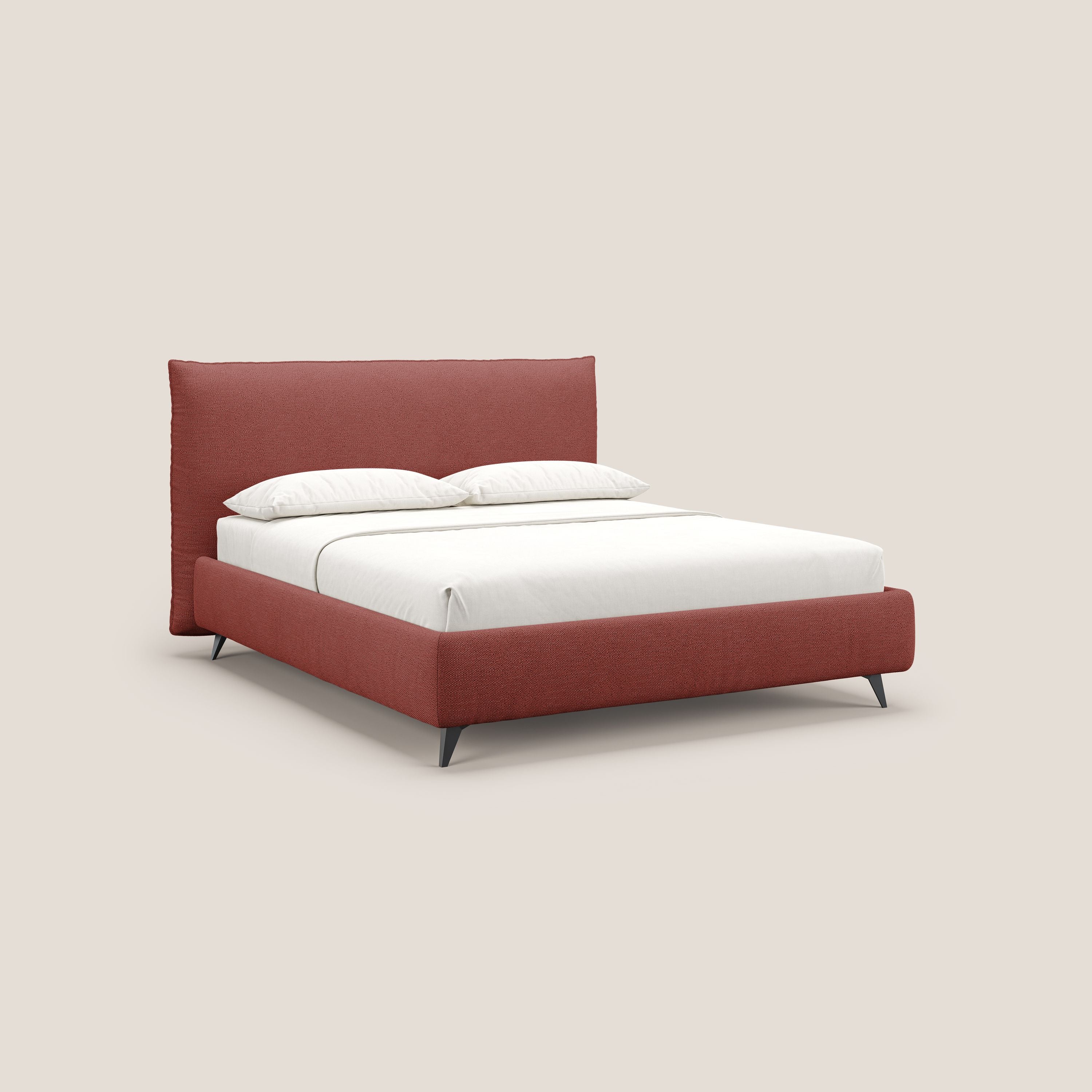 EROS letto imbottito in piuma con vano contenitore in pregiato e fresco bouclet smacchiabile T16 rosso - divani.store