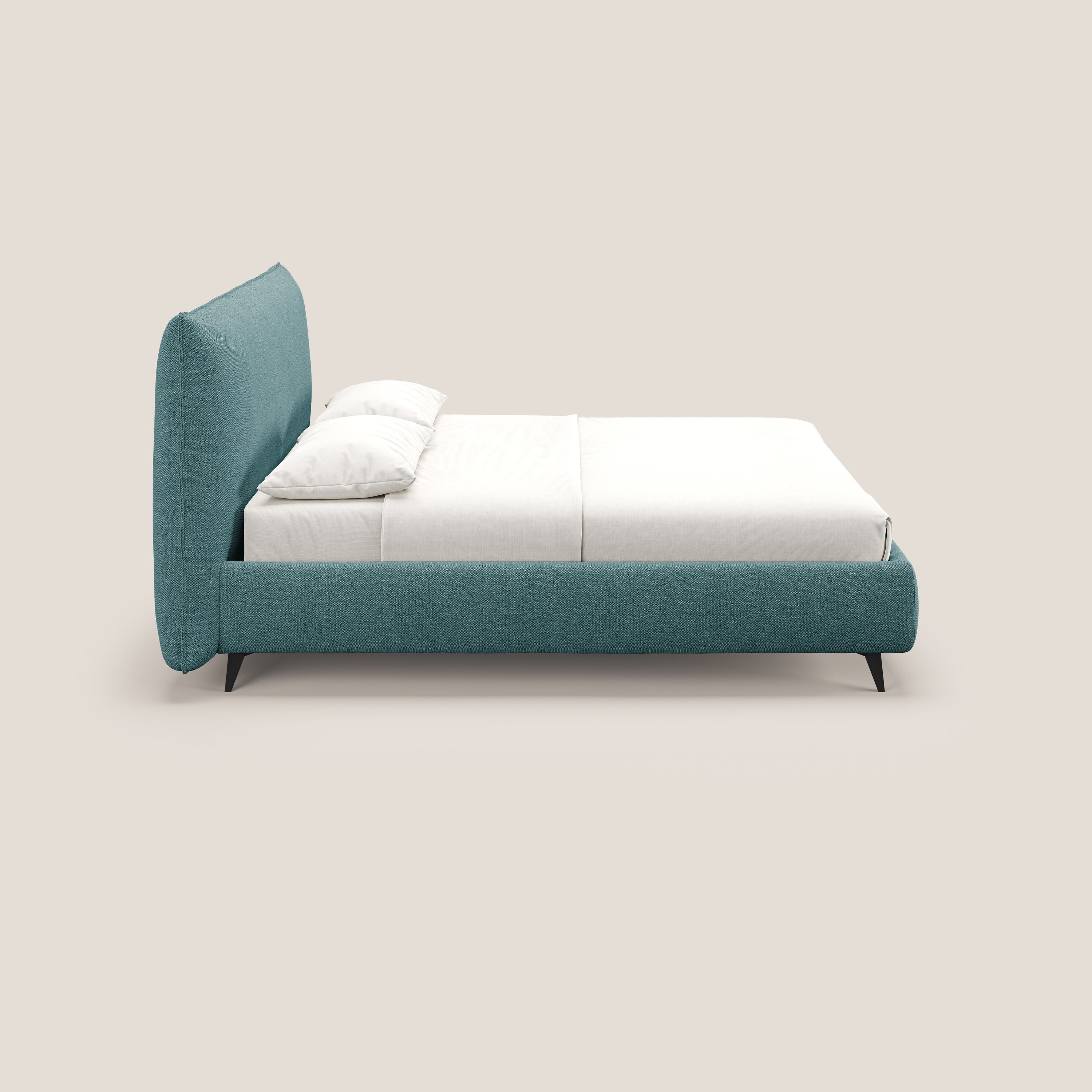 EROS letto imbottito in piuma con vano contenitore in pregiato e fresco bouclet smacchiabile T16 azzurro - divani.store