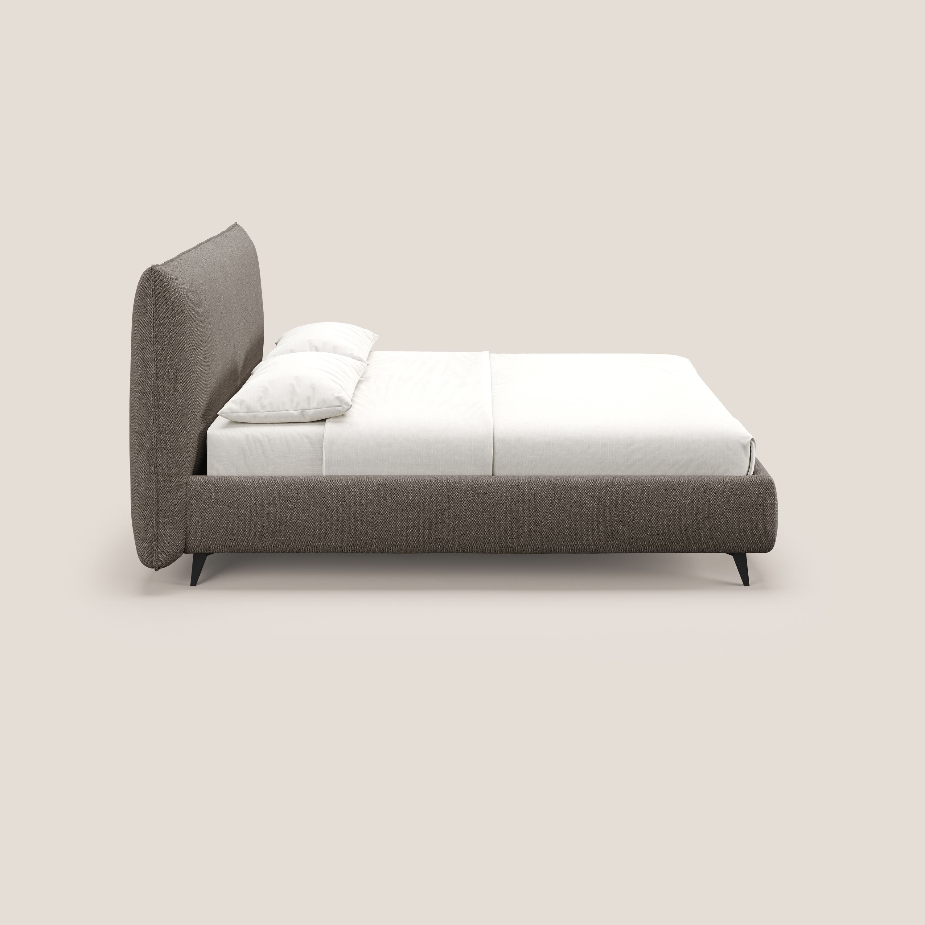 EROS letto imbottito in piuma con vano contenitore in pregiato e fresco bouclet smacchiabile T16 marrone - divani.store