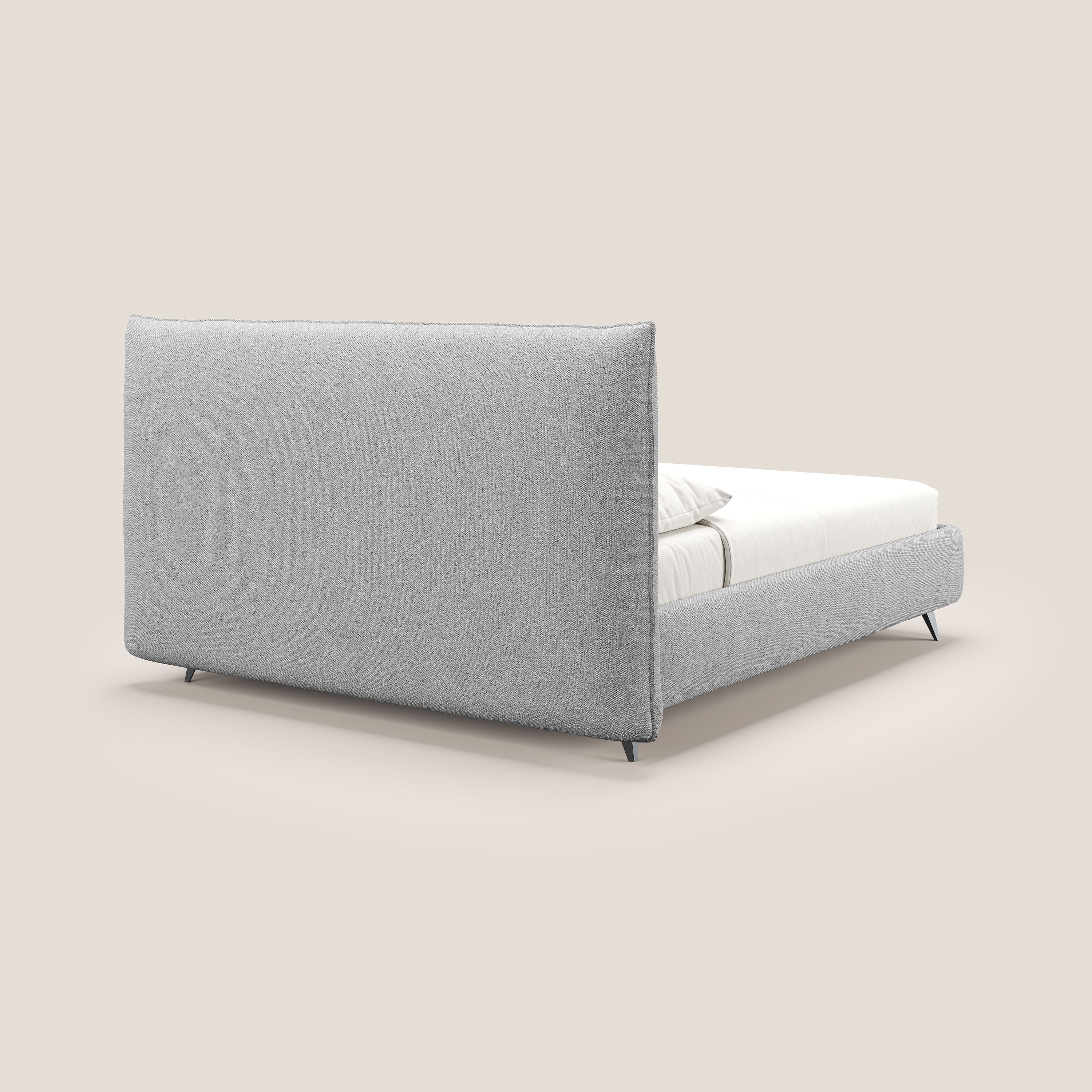 EROS letto imbottito in piuma con vano contenitore in pregiato e fresco bouclet smacchiabile T16 grigio - divani.store