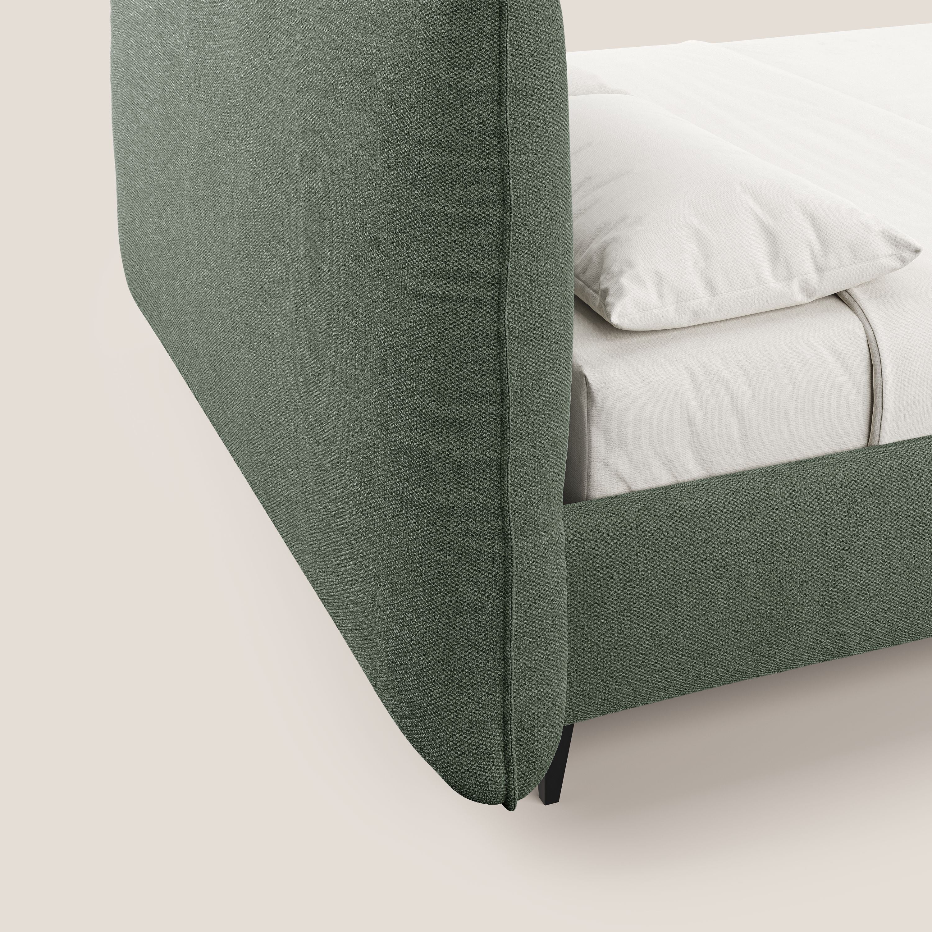 EROS letto imbottito in piuma con vano contenitore in pregiato e fresco bouclet smacchiabile T16 verde - divani.store