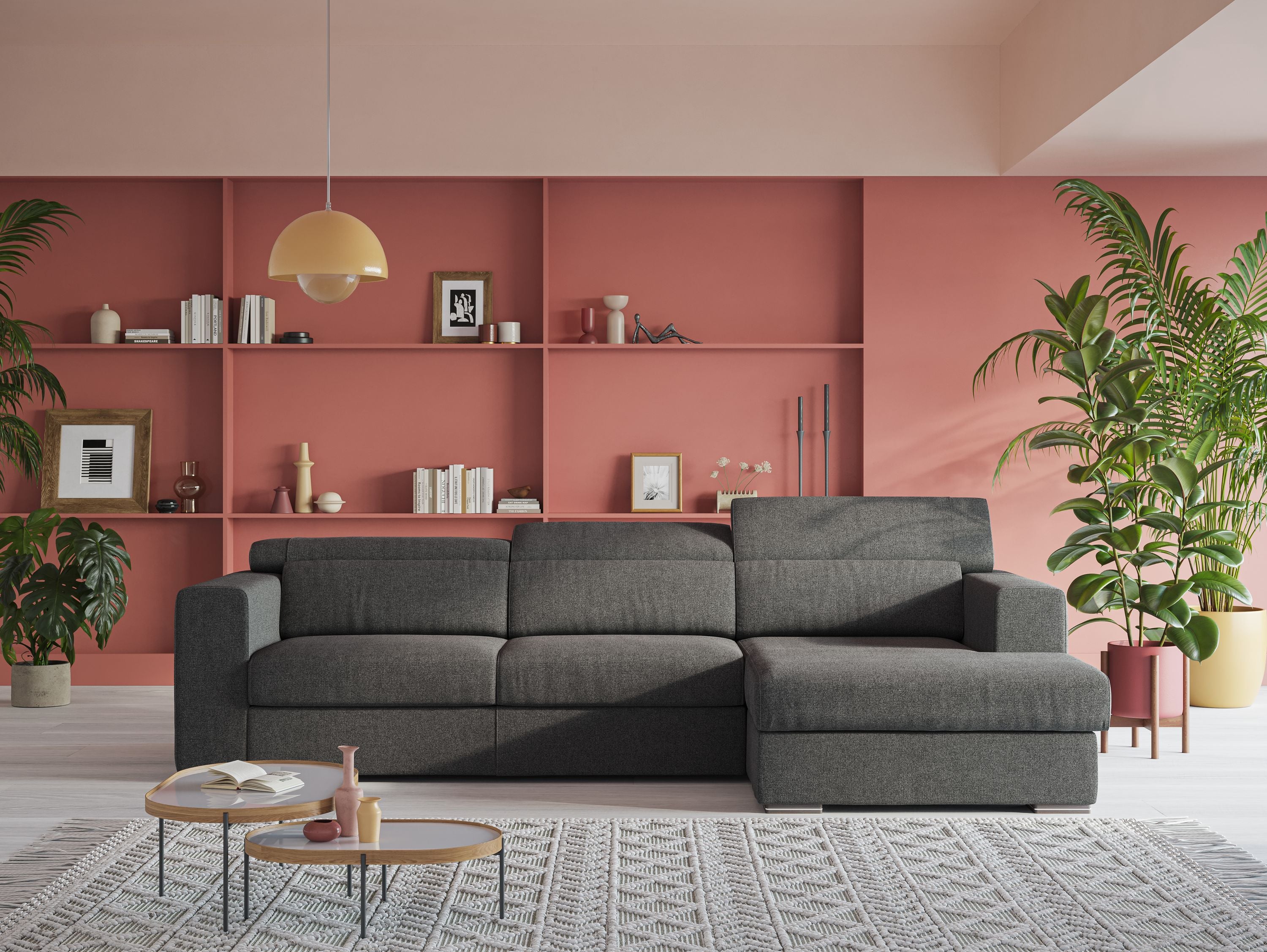 Vegas divano angolare con poggiatesta reclinabili in morbido tessuto impermeabile T06 antracite - divani.store