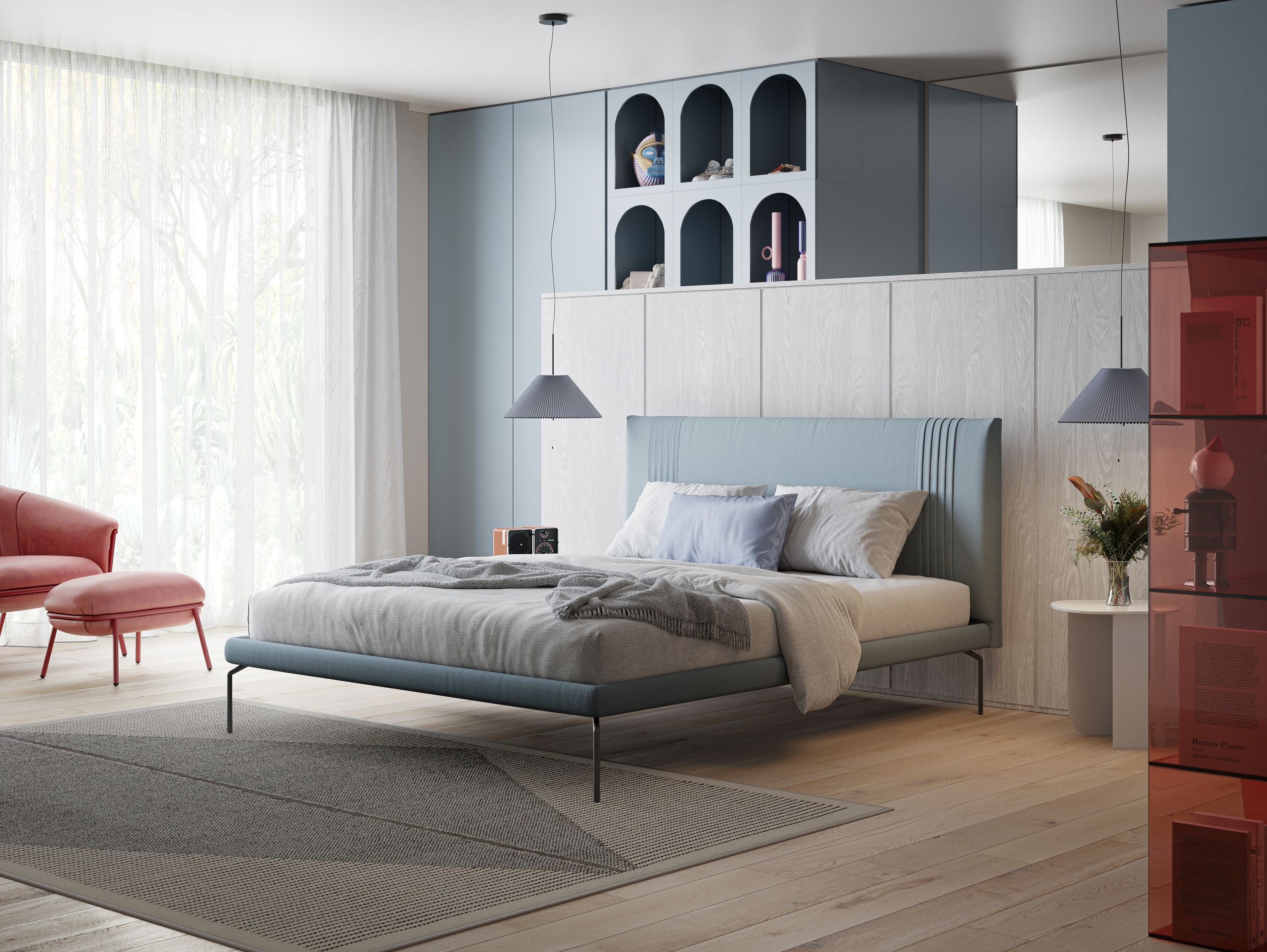 Finn letto imbottito con piedi alti in metallo in tessuto smacchiabile T05 carta da zucchero - divani.store