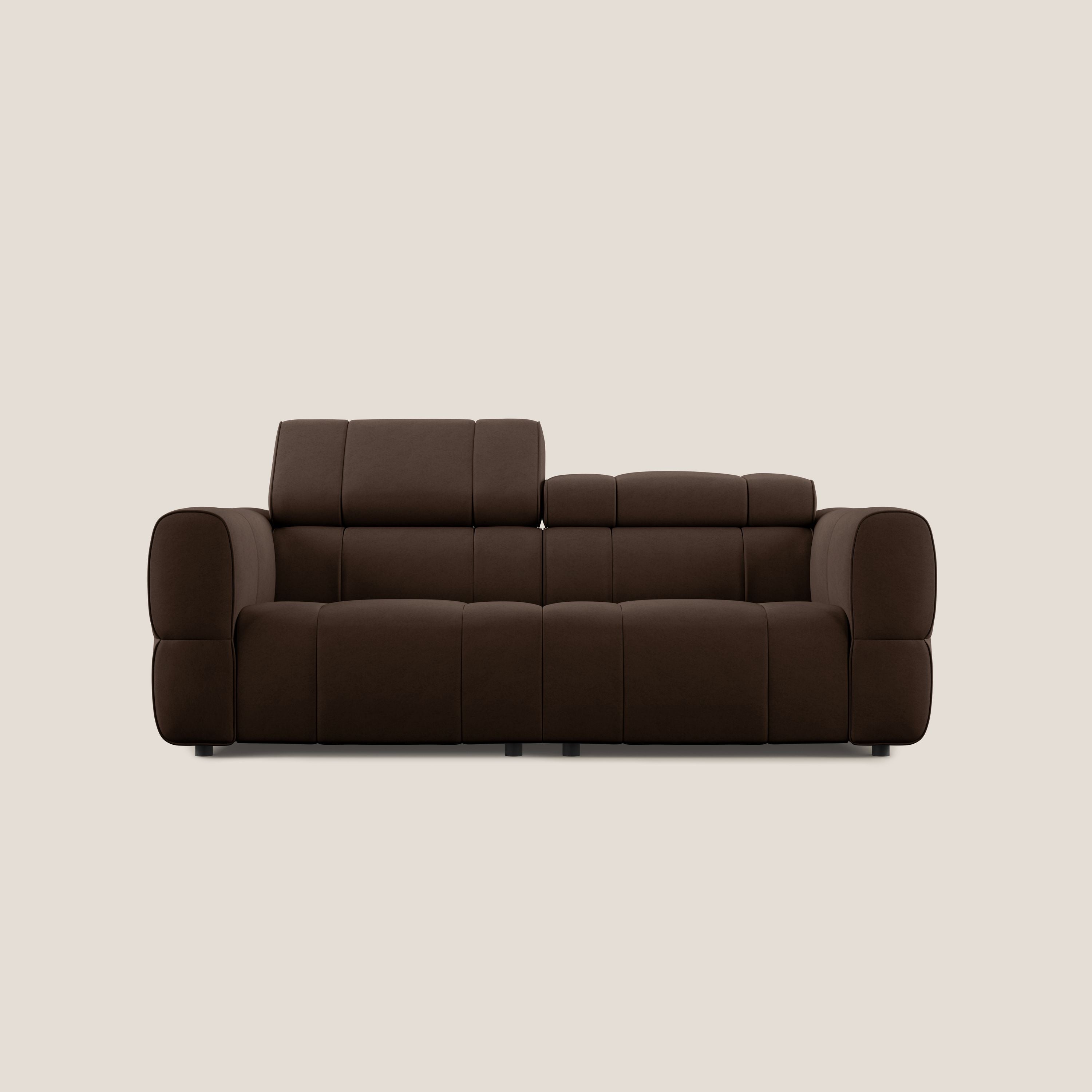 Giotto Divano modulare con opzione relax elettrico in microfibra effetto velluto impermeabile T09 marrone - divani.store