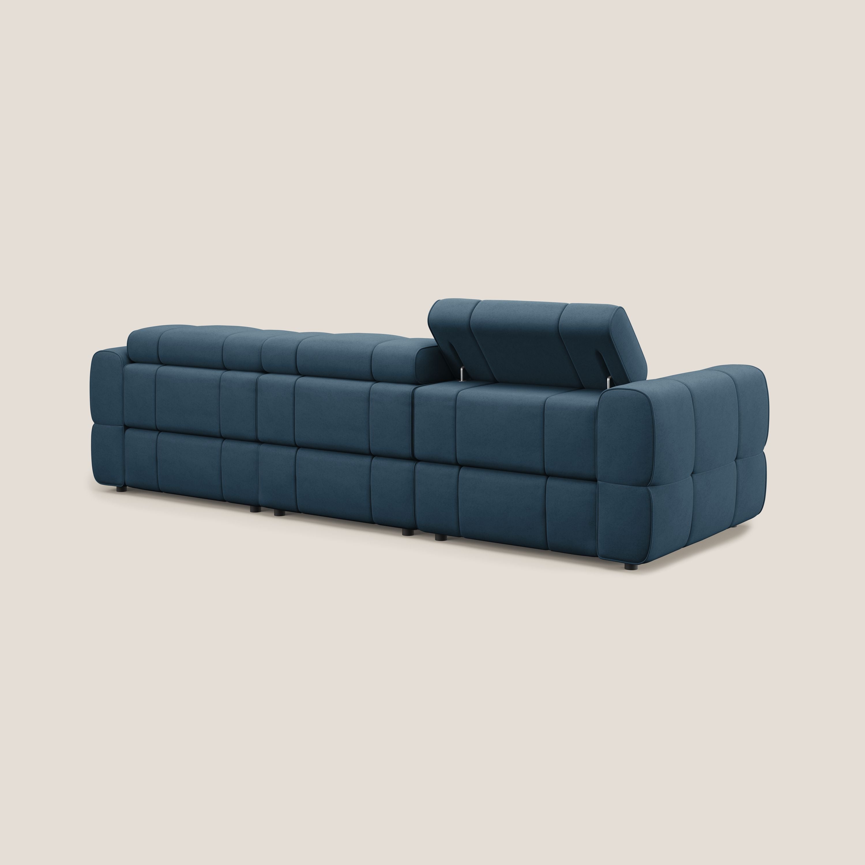 Giotto Divano modulare a 3 sedute con opzione relax elettrico in microfibra effetto velluto impermeabile T09 blu - divani.store