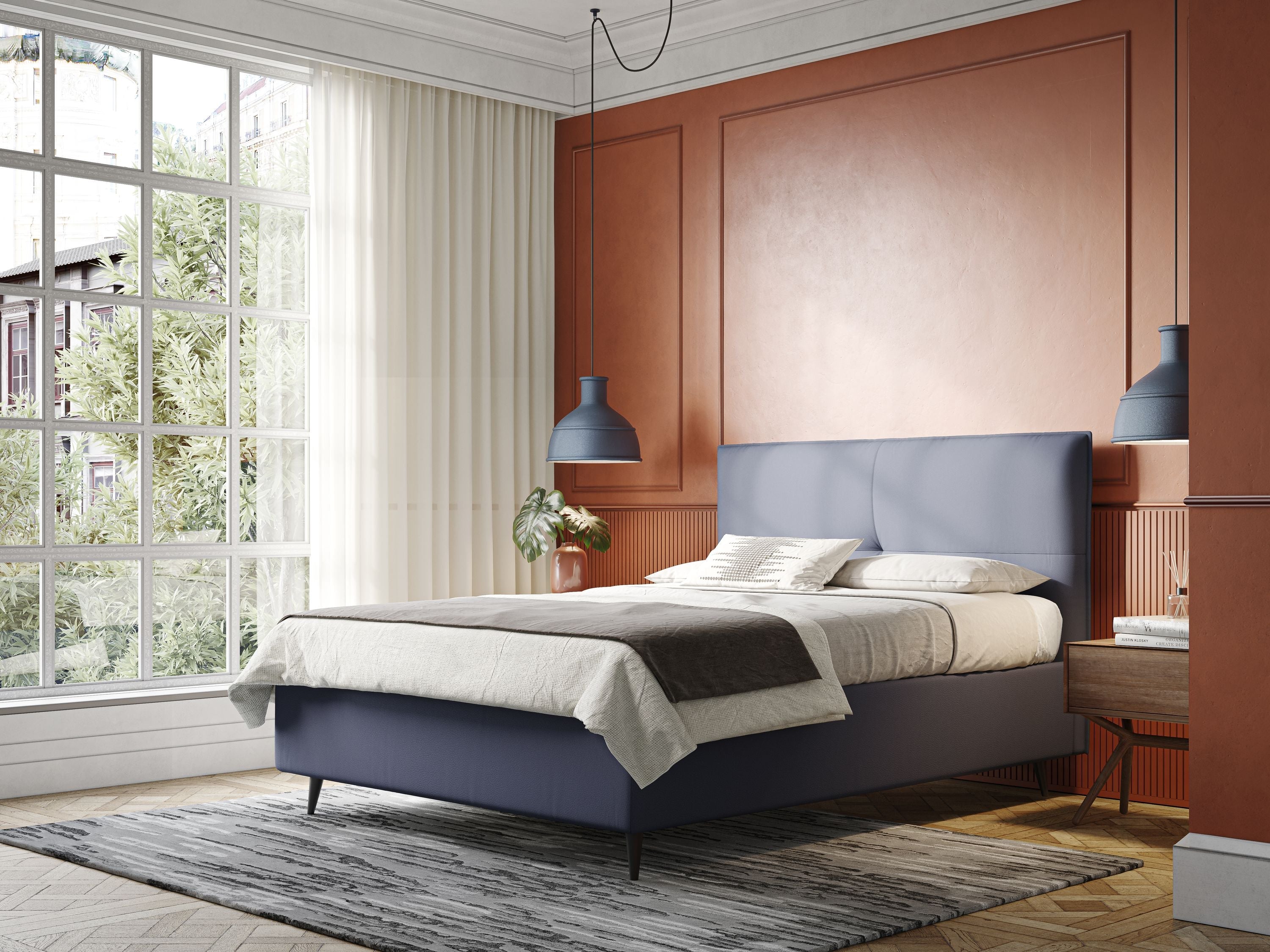 Greta letto contenitore dimensioni SLIM con testata trapuntata in ecopelle impermeabile T04 blu - divani.store