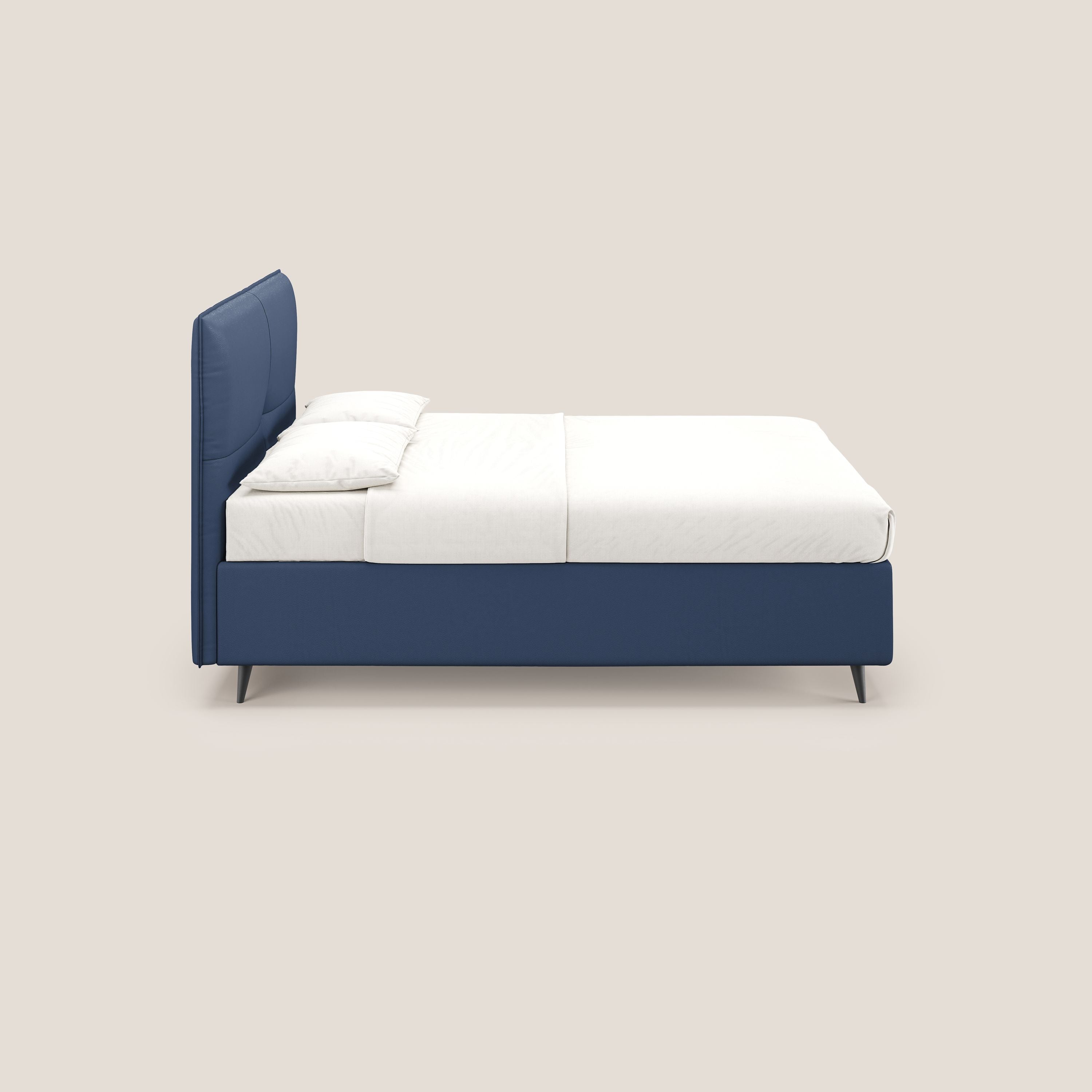 Greta letto contenitore dimensioni SLIM con testata trapuntata in ecopelle impermeabile T04 blu - divani.store