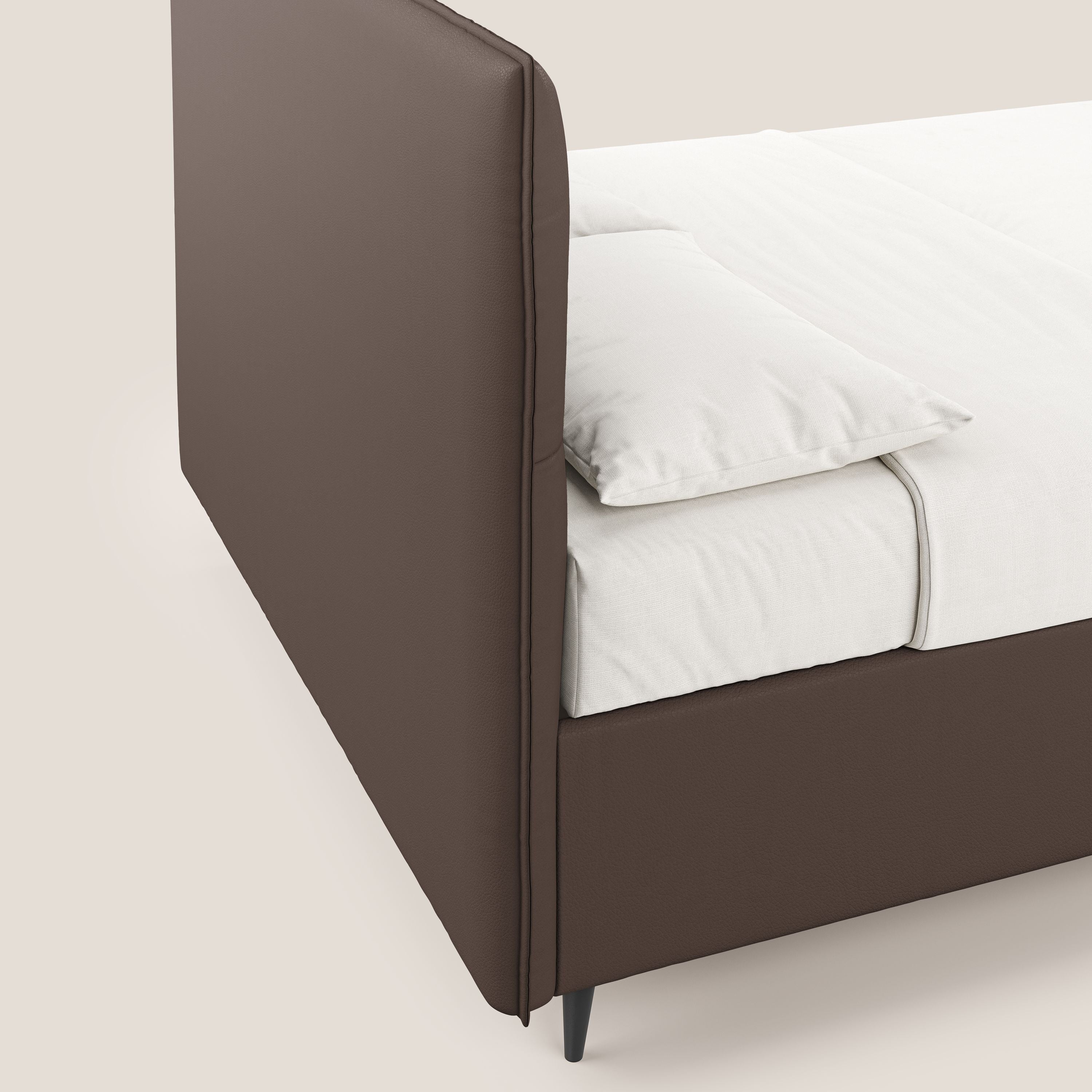 Greta letto contenitore dimensioni SLIM con testata trapuntata in ecopelle impermeabile T04 marrone - divani.store