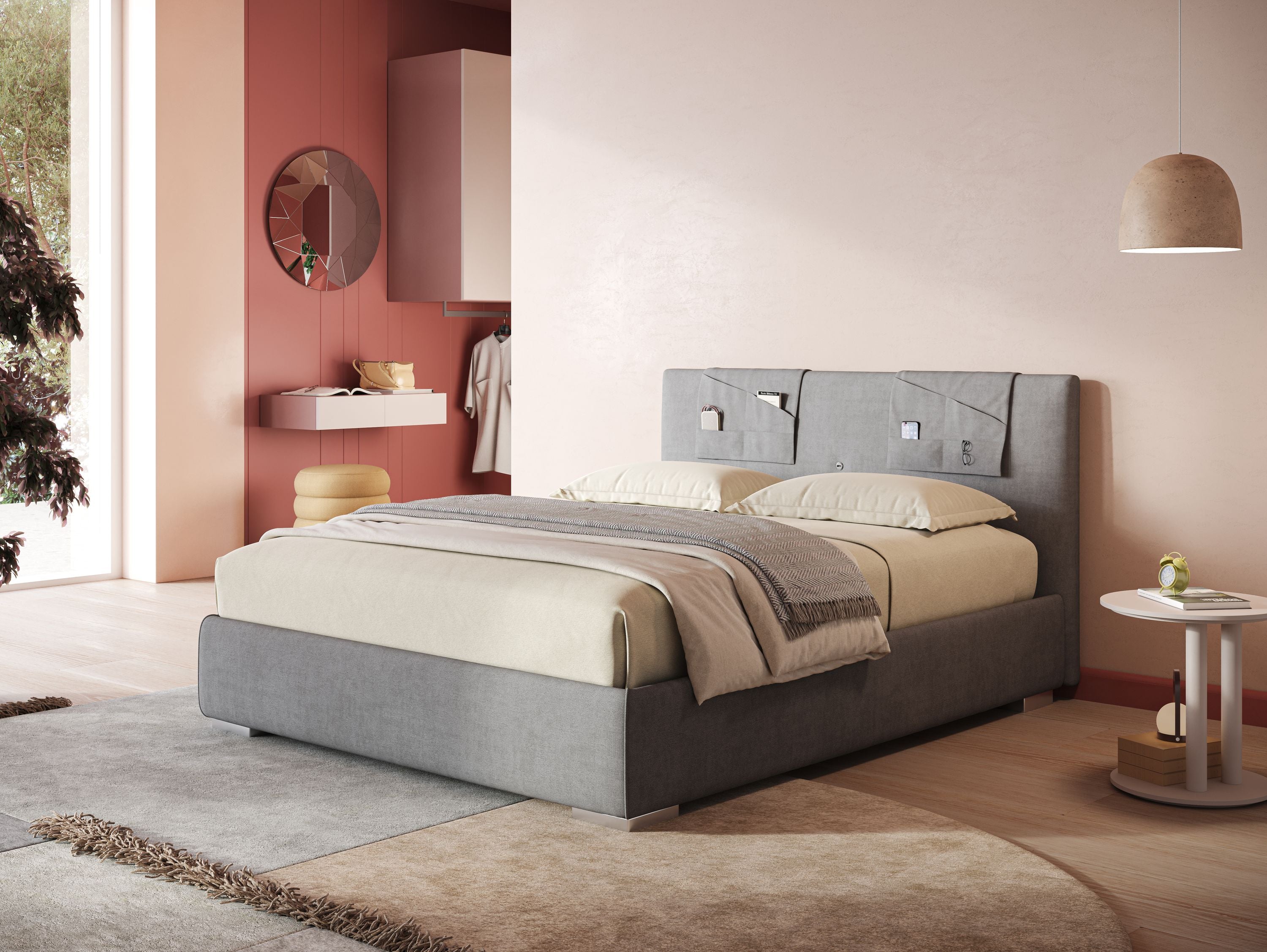 Horus letto imbottito contenitore e presa USB sulla testata in tessuto impermeabile T02 grigio chiaro - divani.store