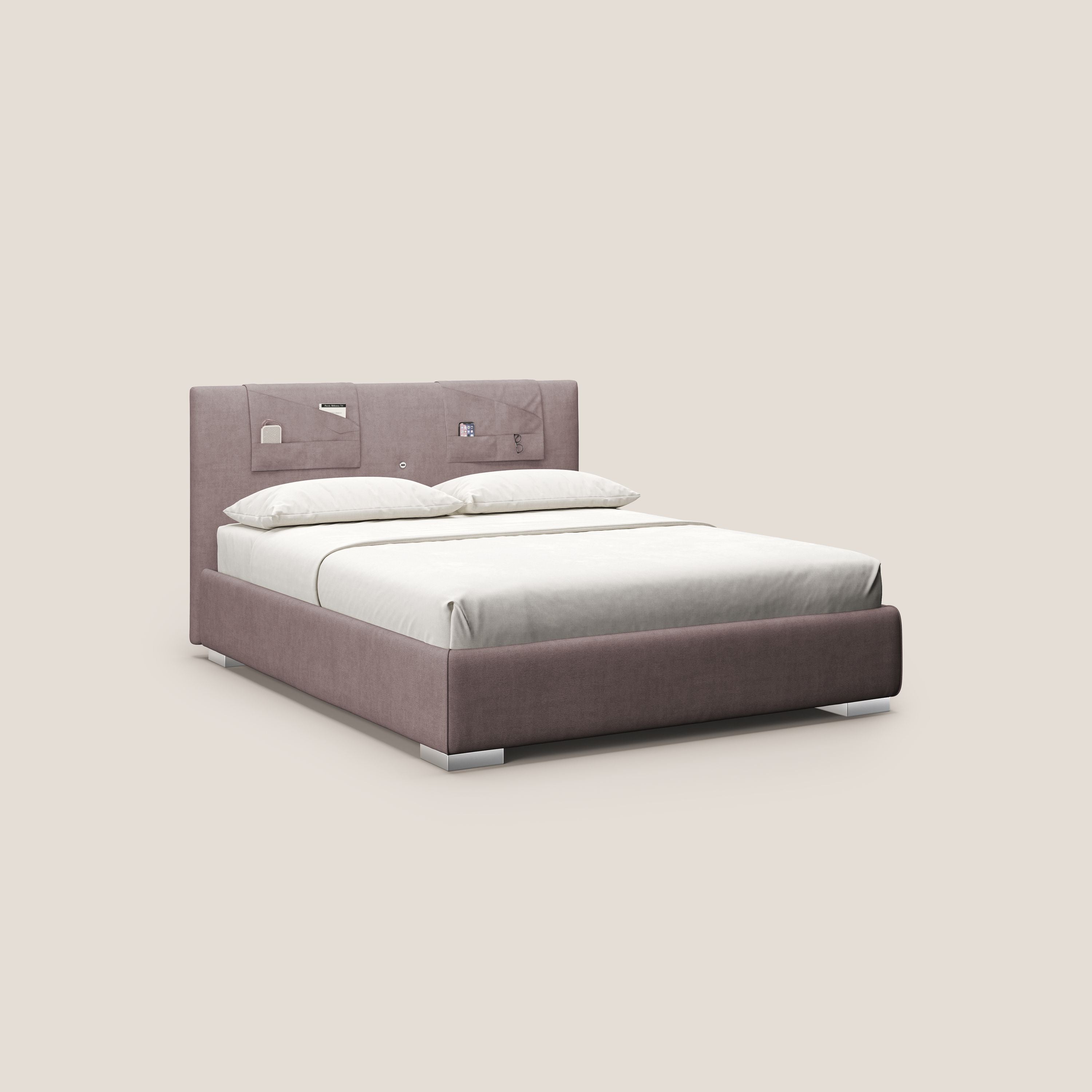 Horus letto imbottito contenitore e presa USB sulla testata in tessuto impermeabile T02 rosa - divani.store