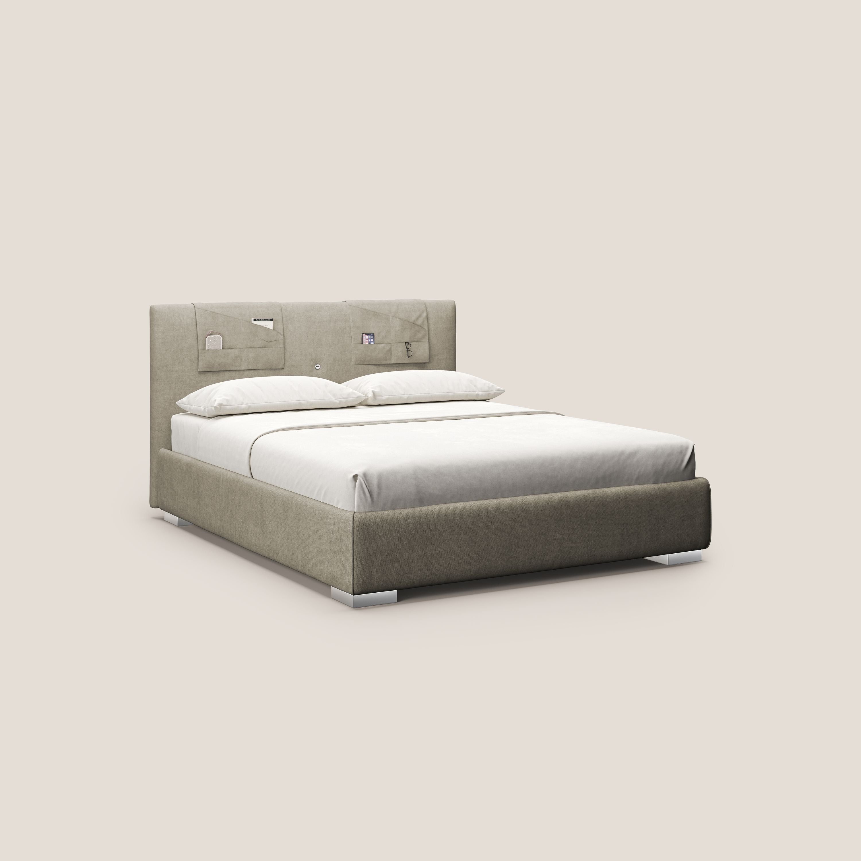 Horus letto imbottito contenitore e presa USB sulla testata in tessuto impermeabile T02 panna - divani.store