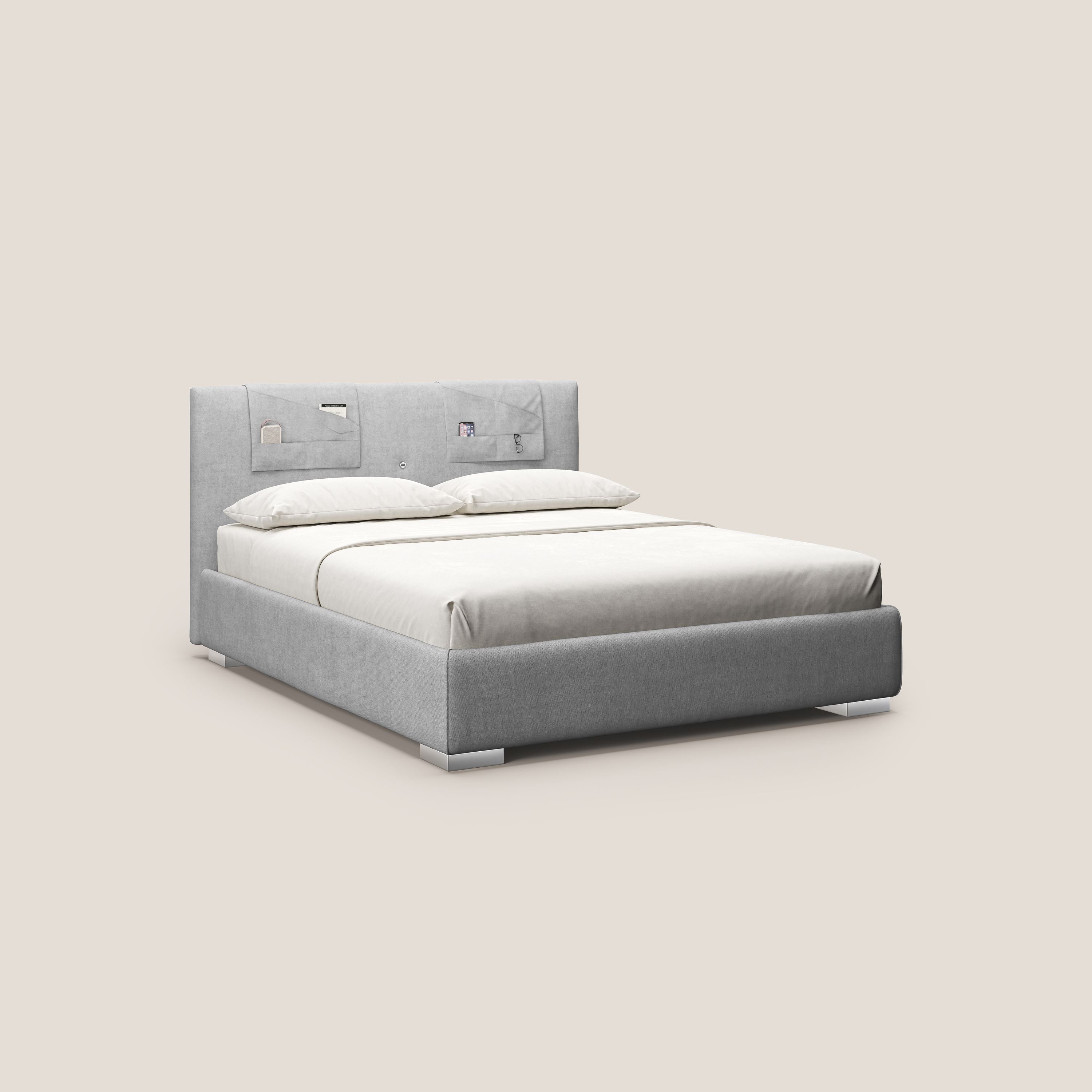 Horus letto imbottito contenitore e presa USB sulla testata in tessuto impermeabile T02 grigio chiaro - divani.store