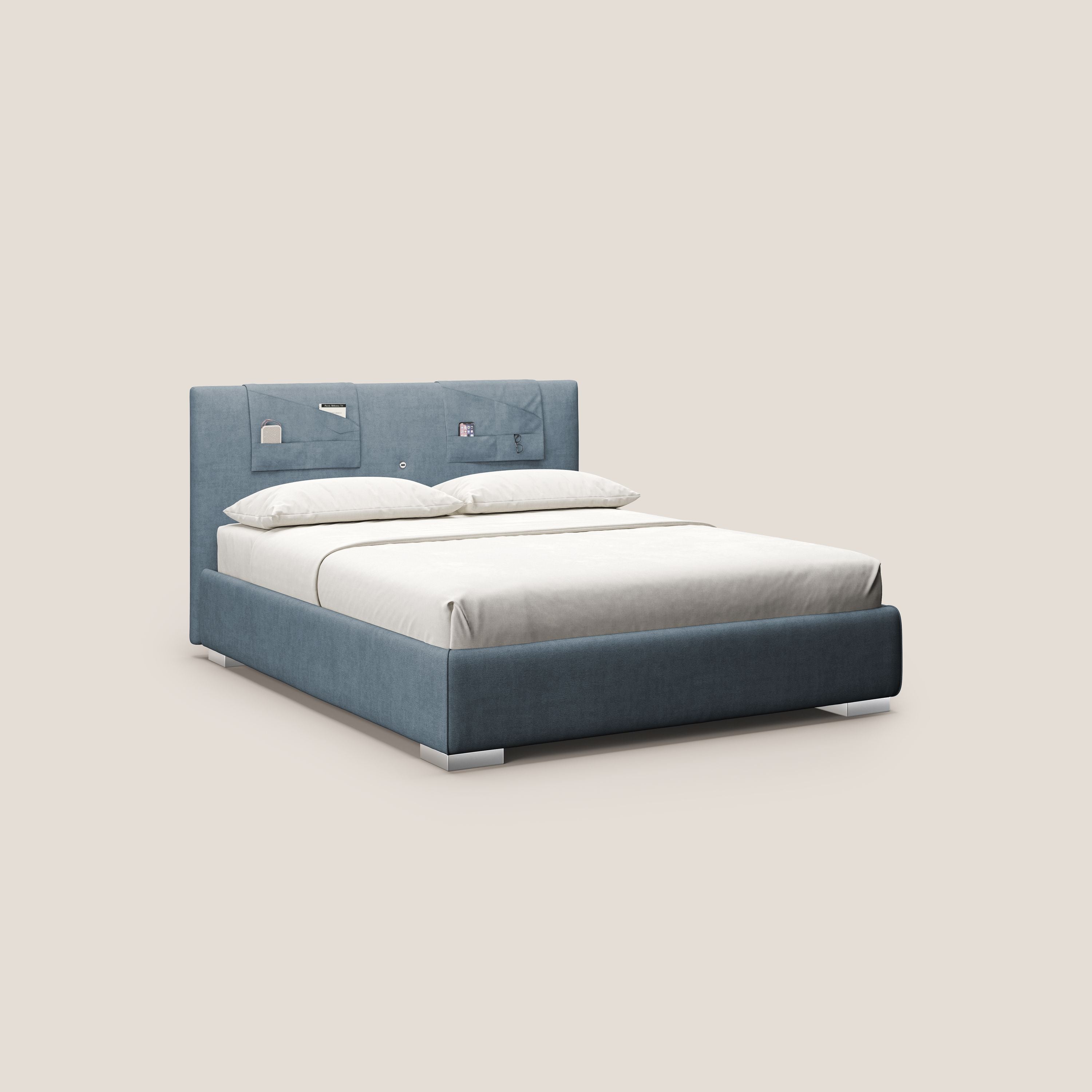 Horus letto imbottito contenitore e presa USB sulla testata in tessuto impermeabile T02 carta da zucchero - divani.store